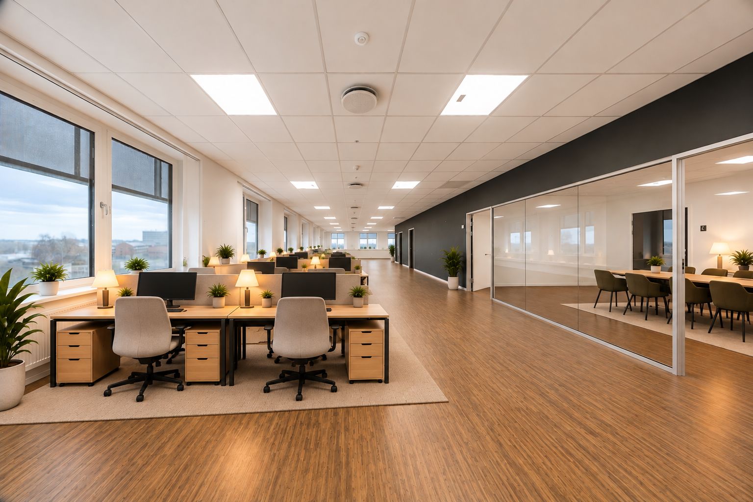 Kontorrum med moderne gulvbelægning, flere skriveborde og stole, kanterne er udstyret med plantepoteter, og der er lyse vinduer og hvidt loft