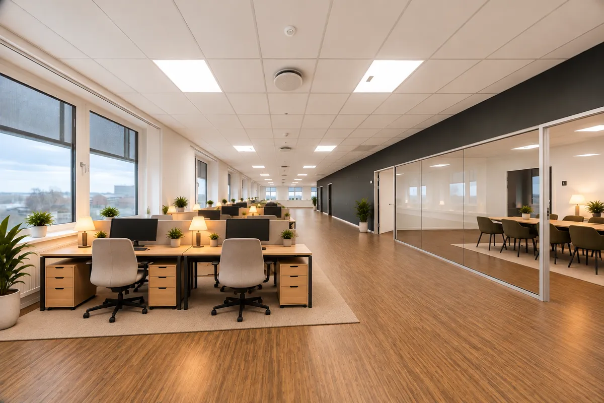 Kontorrum med moderne gulvbelægning, flere skriveborde og stole, kanterne er udstyret med plantepoteter, og der er lyse vinduer og hvidt loft