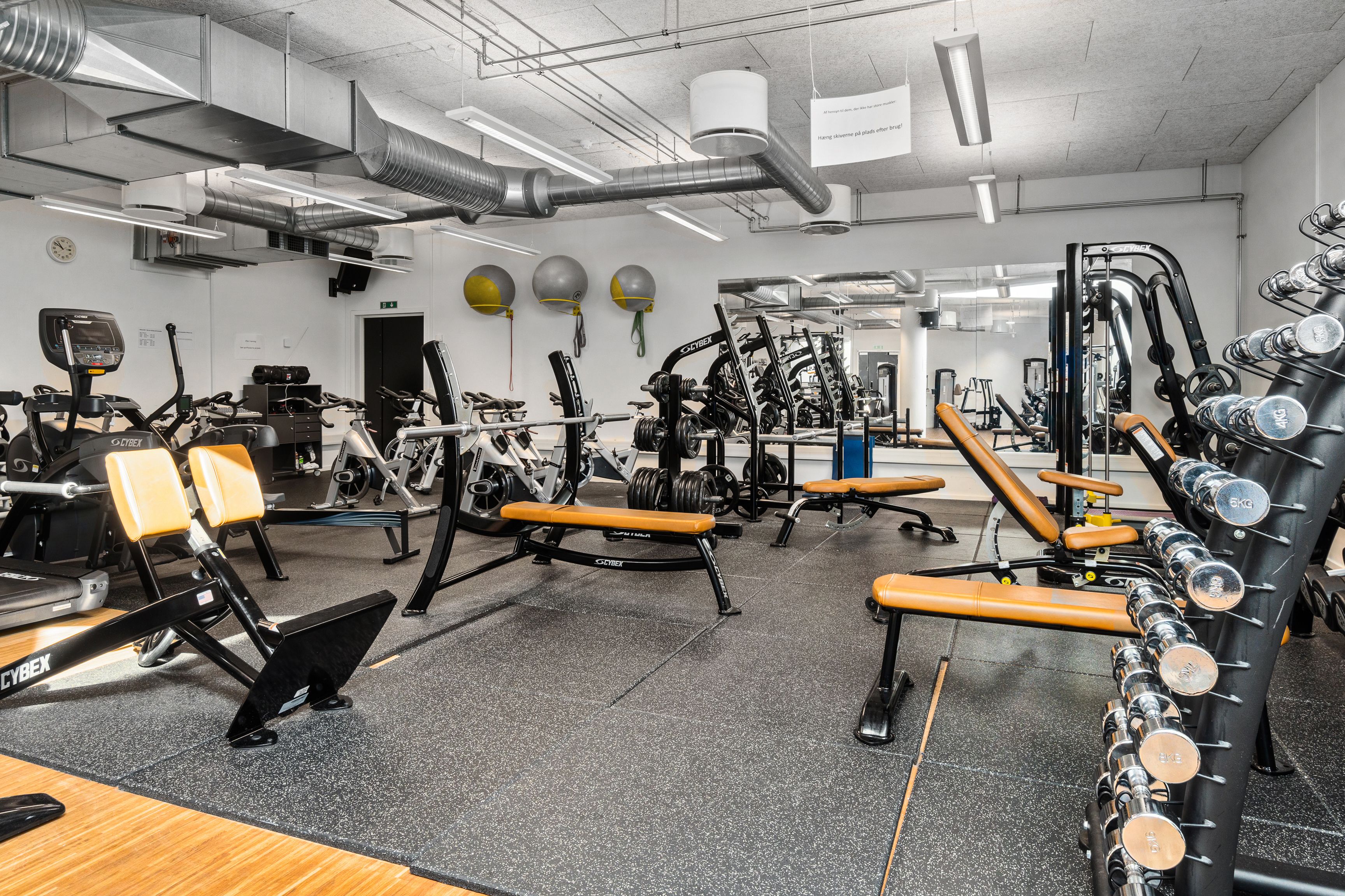Stort fitnesscenter med mærker som Cybex og Kettler. Forskellige træningsmaskiner og udstyr som løbebånd, stænglebænke og vægte.