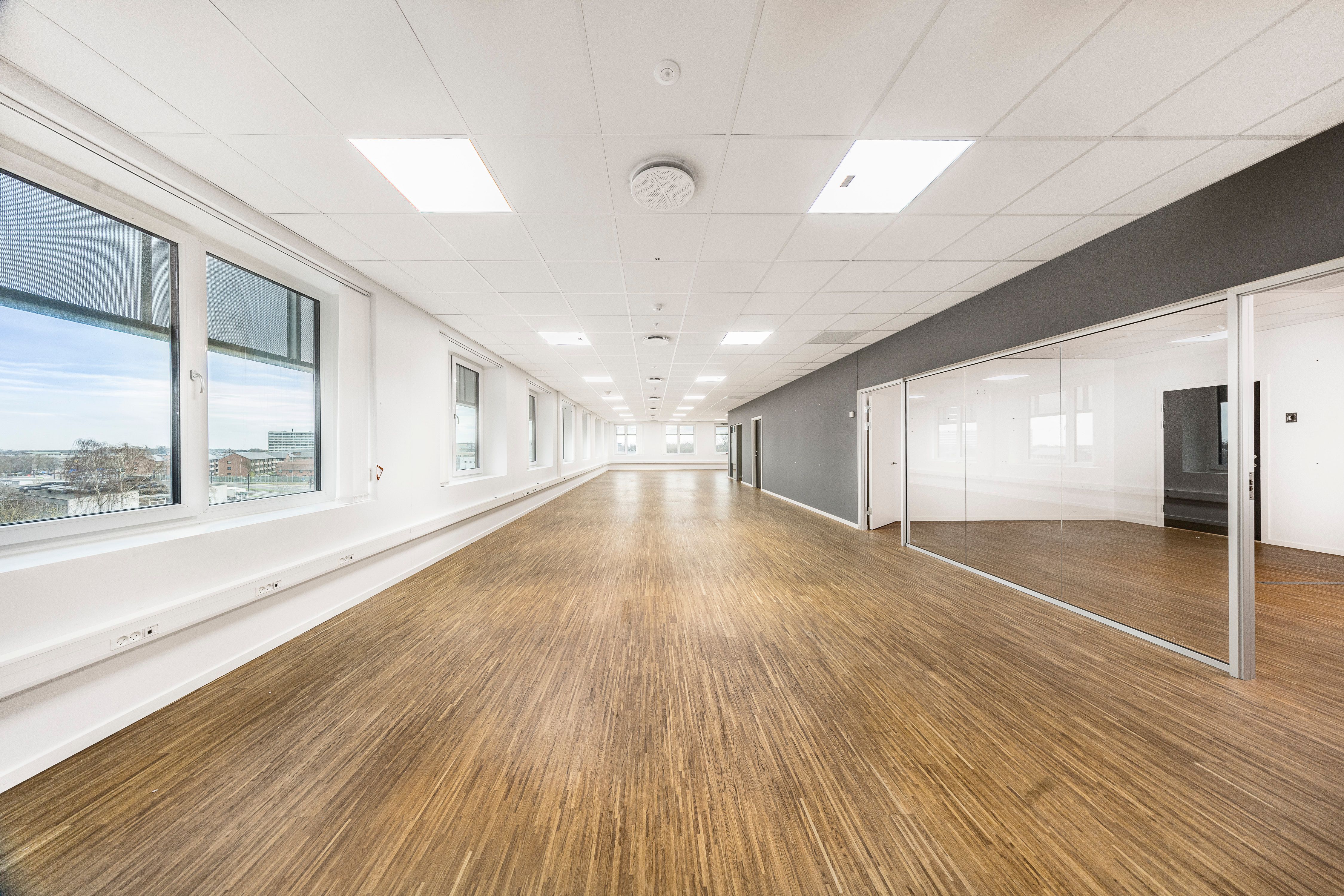 En stor kontorhal med højt loft og trægulv. Væggene er hvide og grå, og vinduer stiger op til loftet. Der er flere glasdøre, der ser ud til kontoren.