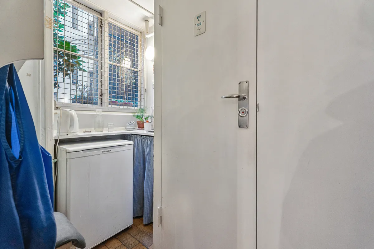 Lejlighed med hvid dør og åben skraldskam med grønt tæppe, køkken med plante, glas og servietkurv samt en vaskemaskine og tekann på hylden