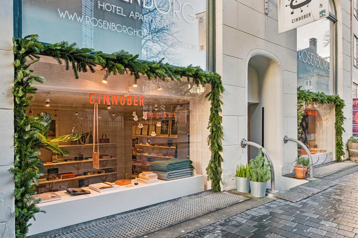 Lejemålet i København K med vindue med indretning fra Cinnober og vækstplanter. Design og kunst på udstilling med lysekroner og lysepunkter. Indretning med bøger, tæpper og lædervarer.
