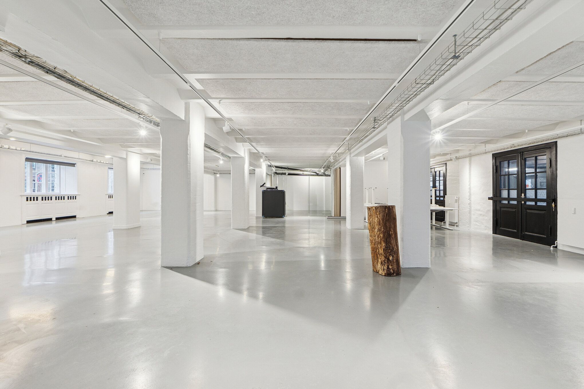 Et stort og lyst rum med hvide vægge og gulve og høje hvide søjler i midten og et træ stamme på gulvet