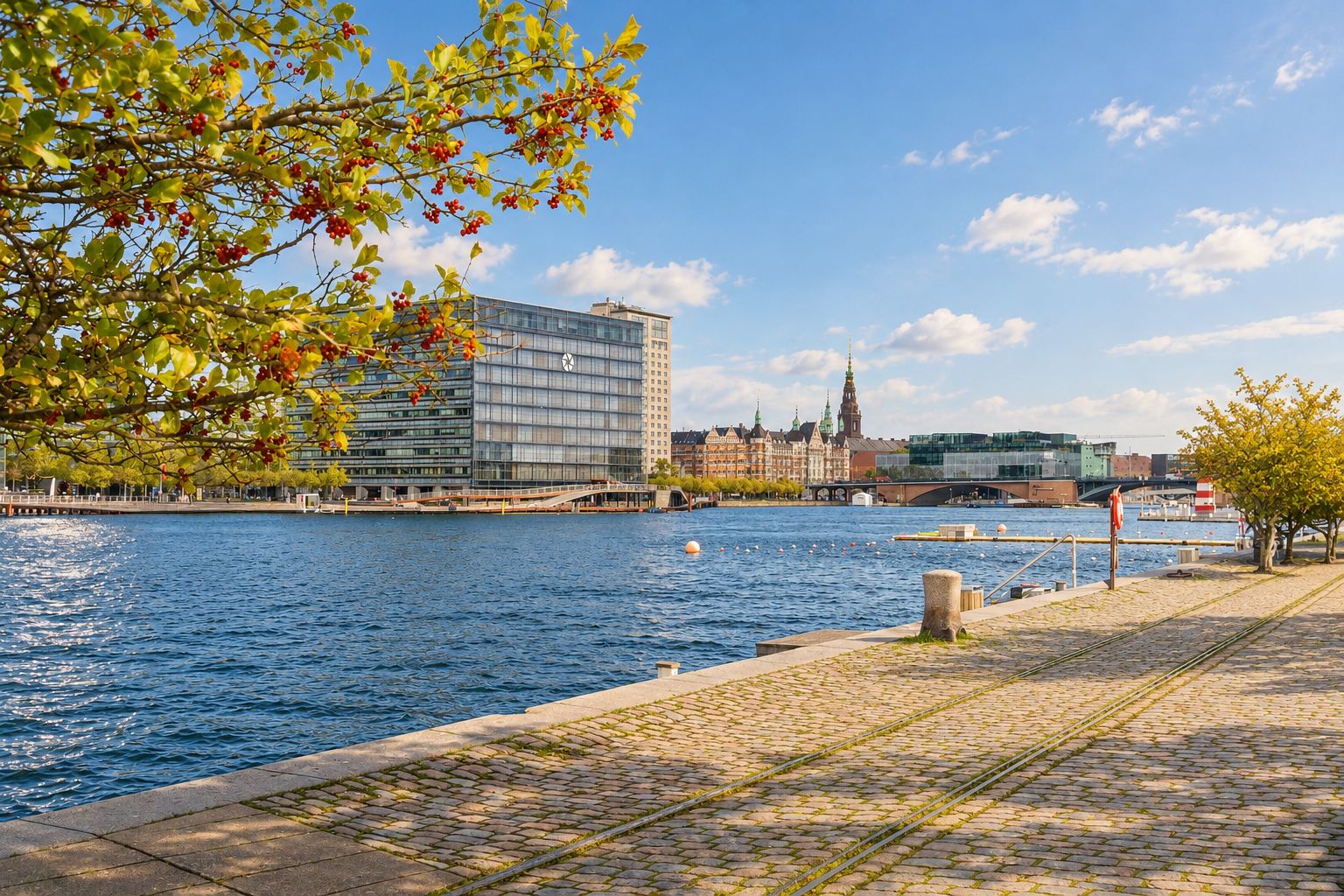 Københavns Islands Brygge med moderne bygninger og grønne træer langs vandkanten. Flod med vandflader og små vådområder. Solskin og skyer i himlen.