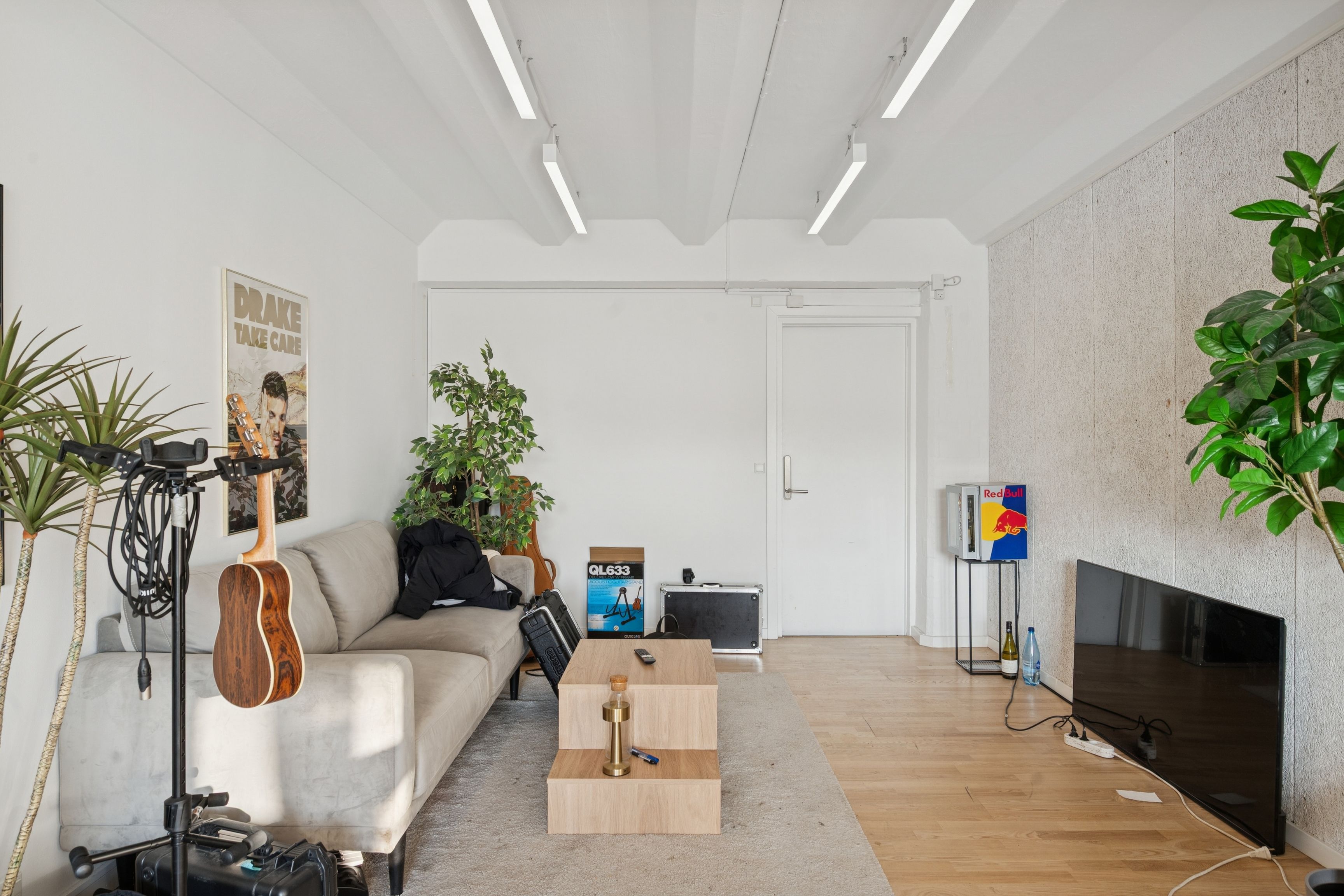 Lyst og rummeligt kontorlejemål med gulvvarme, lysanlæg og lyse loftsbjælker. Plads til op til 6 personer med komfortabel salgssofa og trægulv. Forskellige plantetyper og dekorative elementer som en guitar og en tv-skærm.