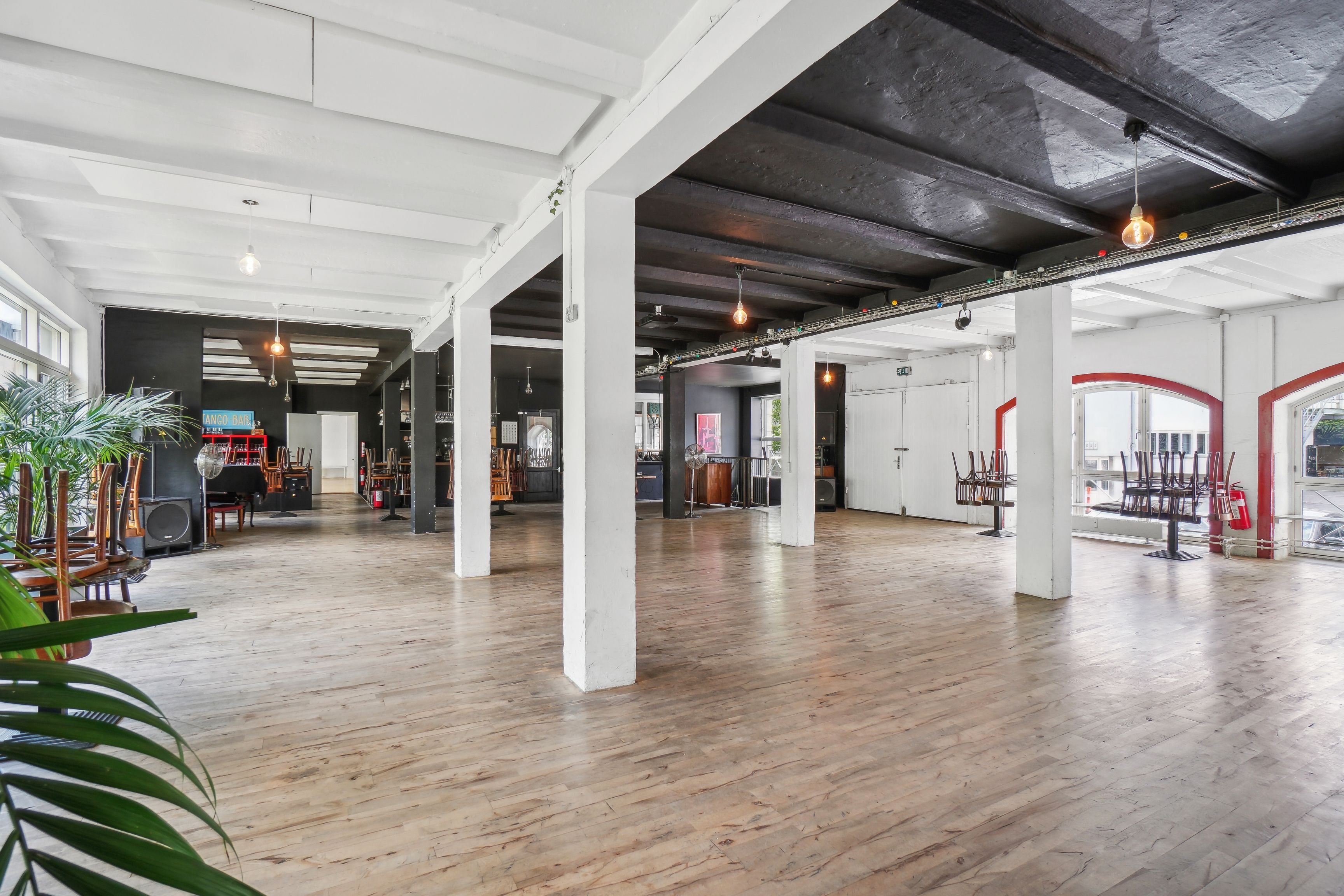 Store rum med lyse lofter og gulvtæpper. Væggene er sorte og hvide med lysepunkter. Møbler er opstillet langs væggene og på gulvet. Køkken og toilet er i baggrunden.