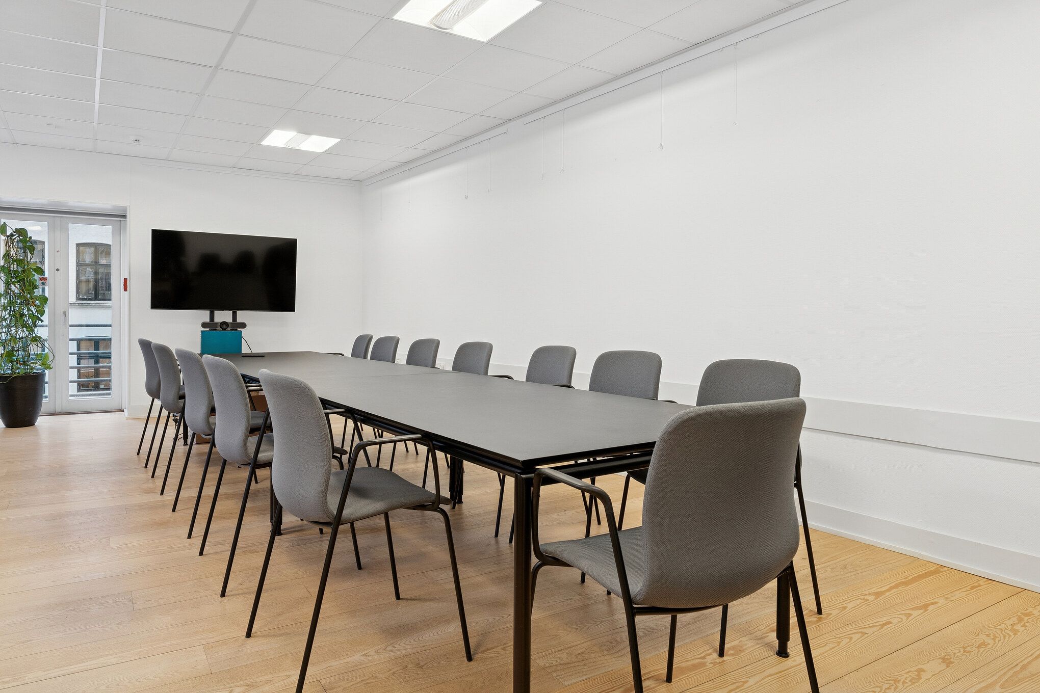 Kontor med lyse møbler, lysegule vægge, trægulv, tv, gruppe mødebord og stole samt plante i potte ved indgangen