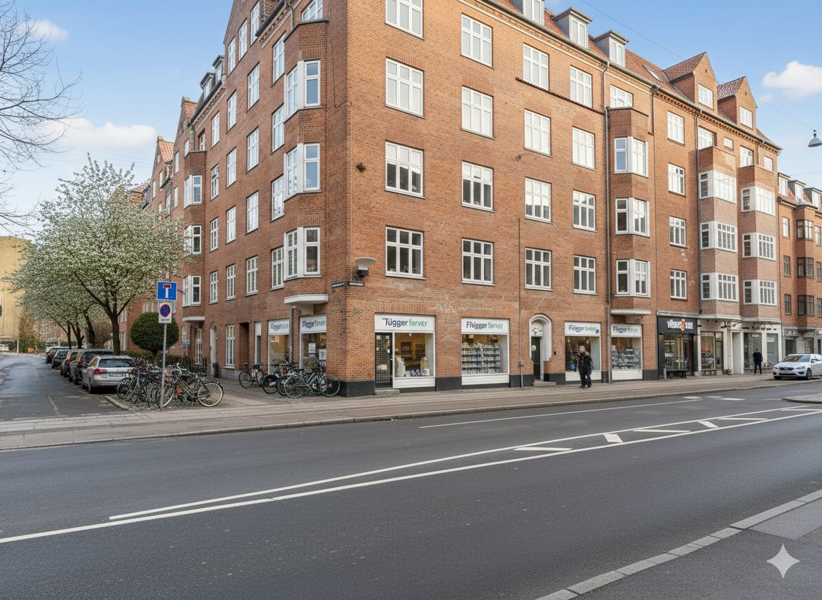 Butikslokaler til leje på Holmbladsgade 25 med kælder og udsigt til gaden. Her er parkerede biler og cykler samt gående personer.