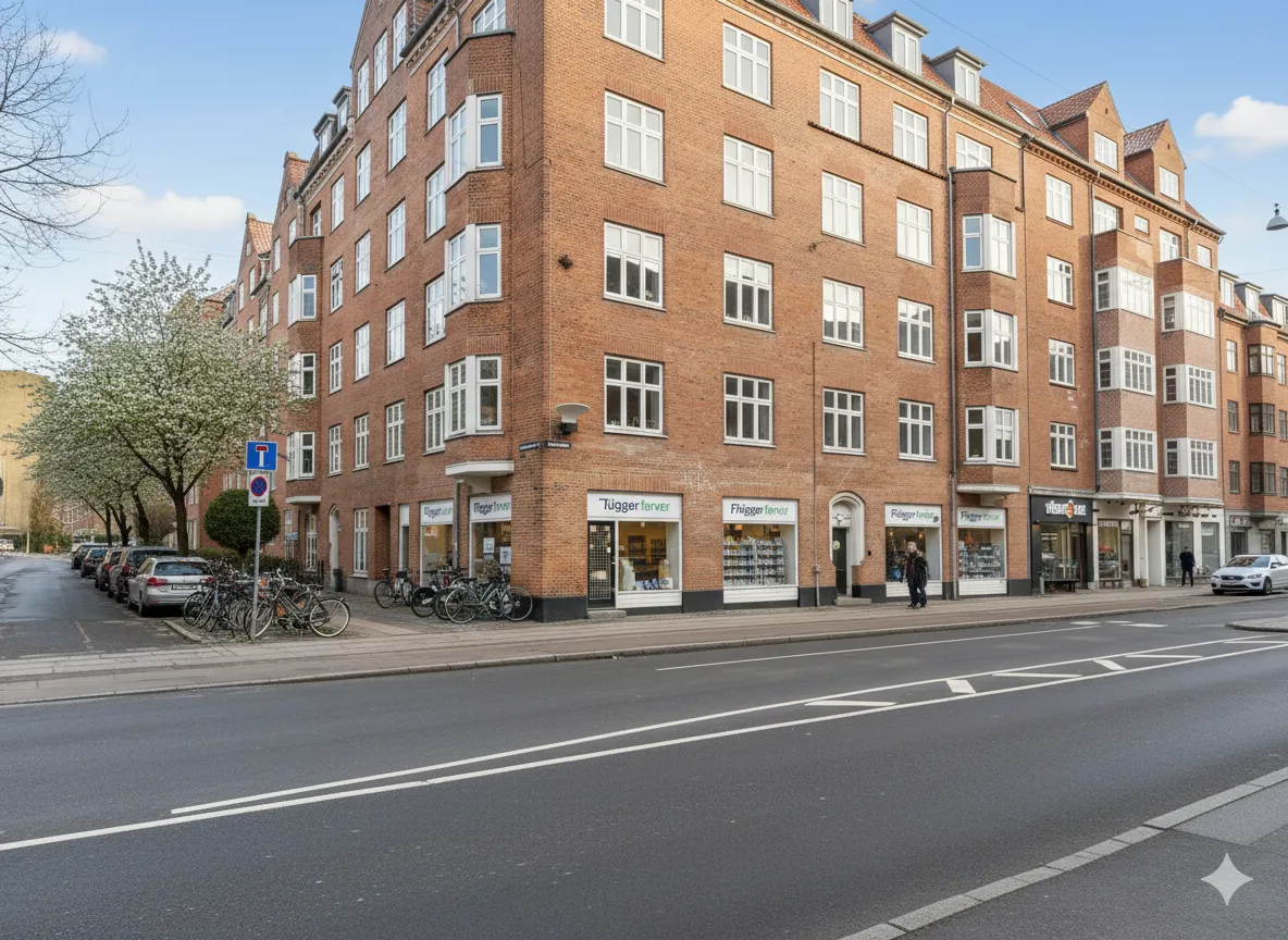 Butikslokaler til leje på Holmbladsgade 25 med kælder og udsigt til gaden. Her er parkerede biler og cykler samt gående personer.