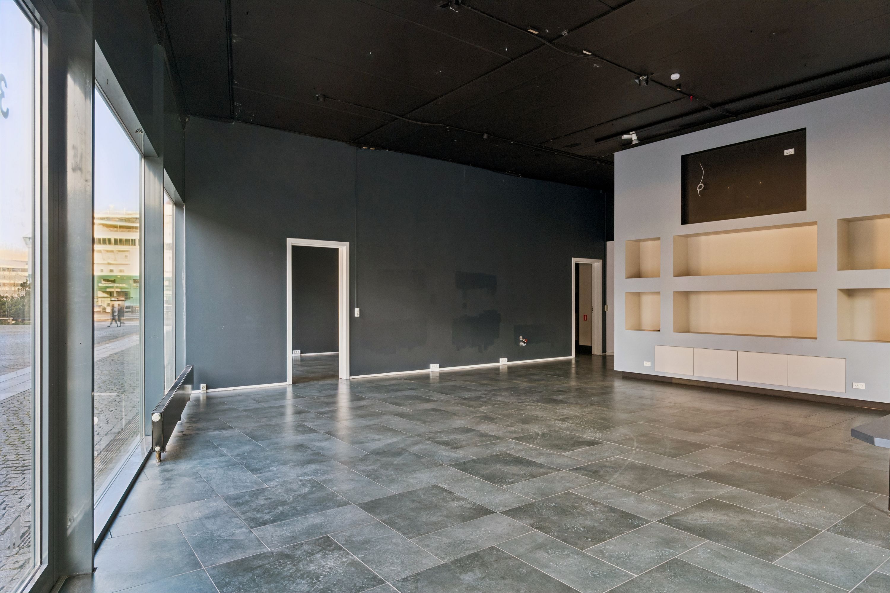 En stor, lys og ren rummelighed med glasvægge og gulvtæppe. To døre i hver ende og et kammer med hylder og et svart panel i baggrunden