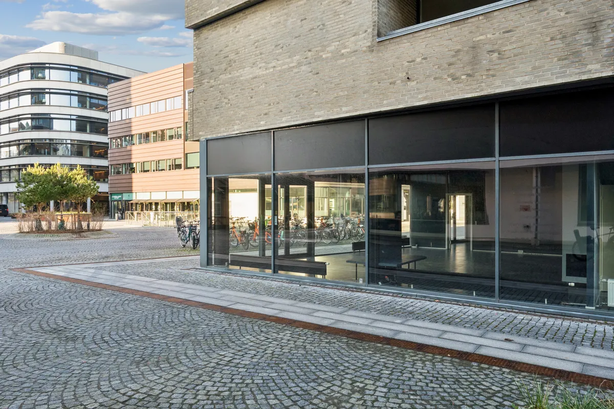Store glasvinduer og en glasdør til nyt showroom på Amerika Plads i København Ø. Store glasruder reflekterer bygninger og planter. Parkerede cykler og stol foran døren