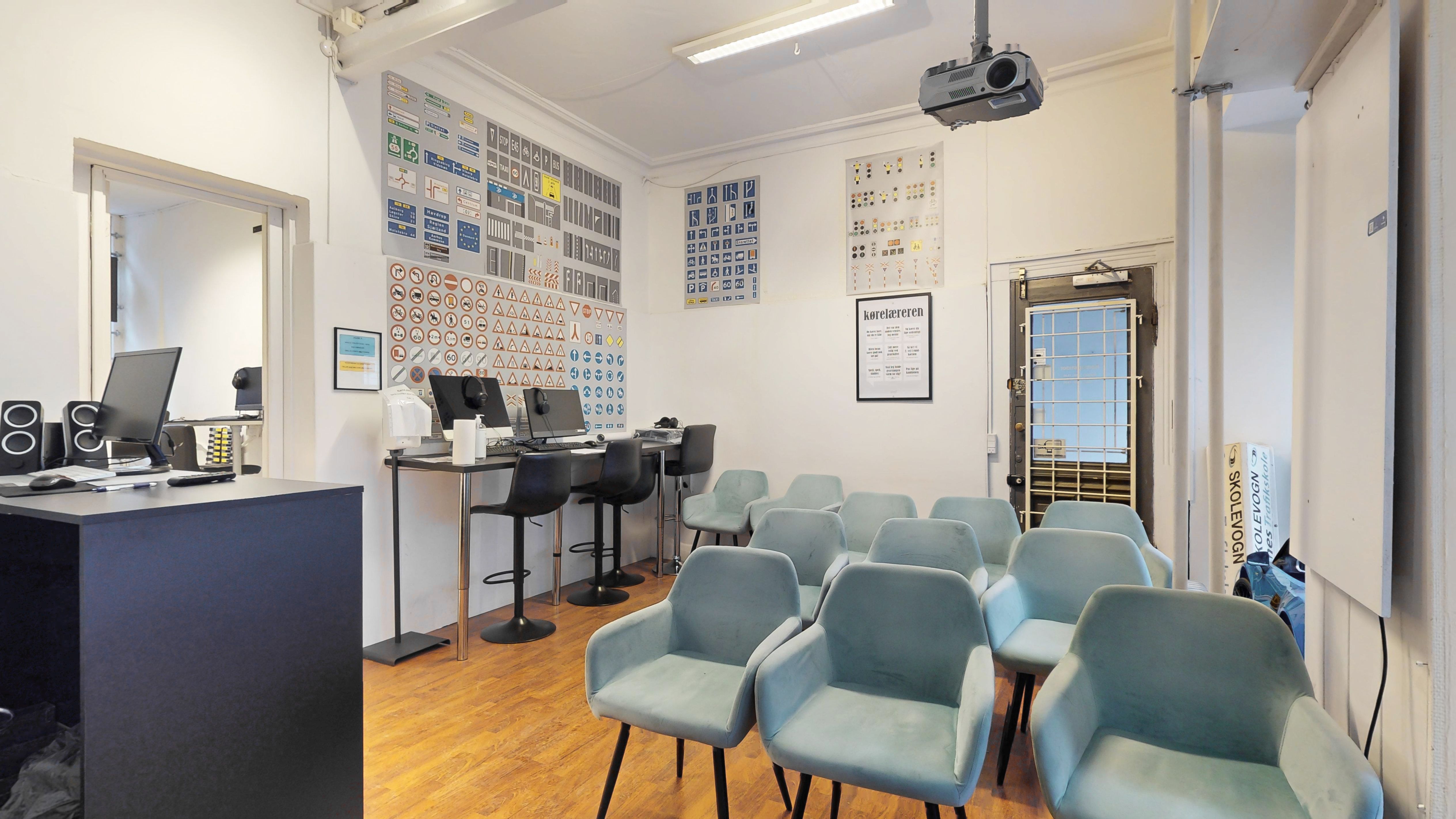 Lejlighed med fire computere og møbler og stolpe med vejplaner og vejvisningstavler
