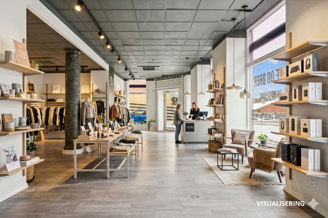 En moderne butik med hylder og trægulve, hvor en kvinde står ved en sælgerpult og en anden kvinde går ind gennem døren, med solskin og en bil på gaden bagved