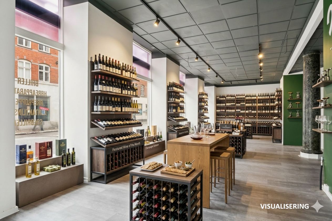 Vinbutik med flere hylder med vine og glas på borde med krydderi og små tallerkener i et rum med lyse loftslampe