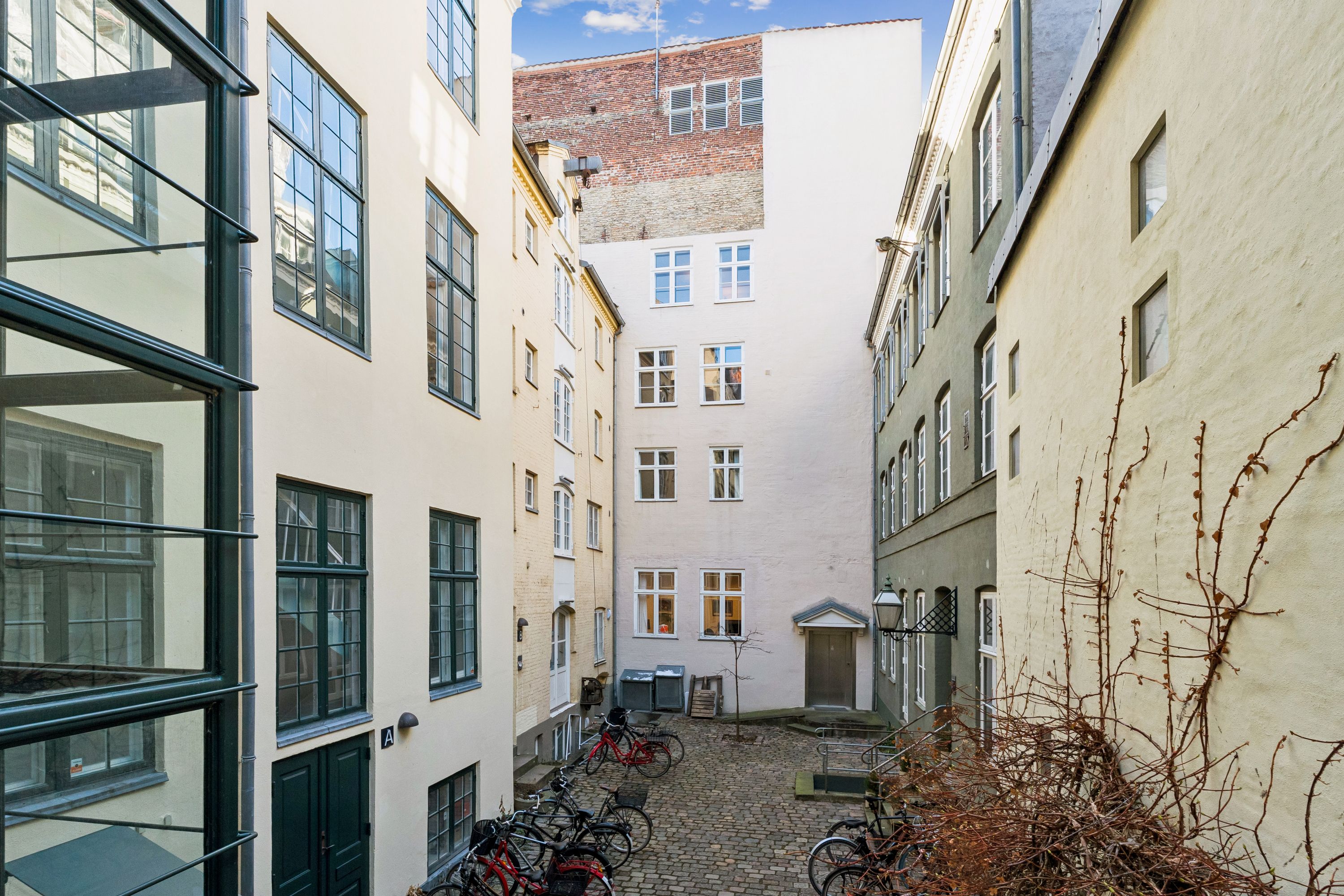 Lejlighed med udsigt til gade med parkerede cykler og planter mod en hvid mur og vinduer med glas og rammer