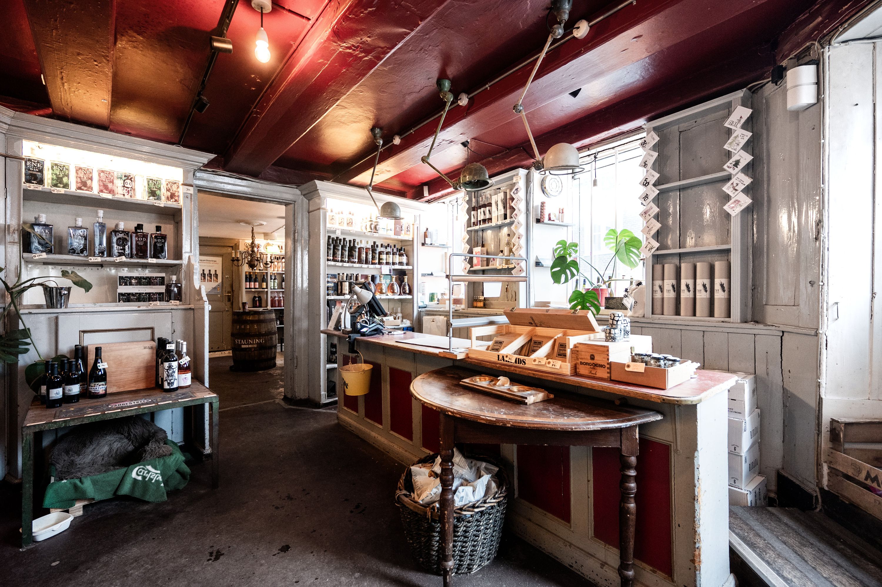 Butikslejemål med historisk charme og lavt loft, udstyret med hylder, borde og lysekroner, samt flere produkter og plante.