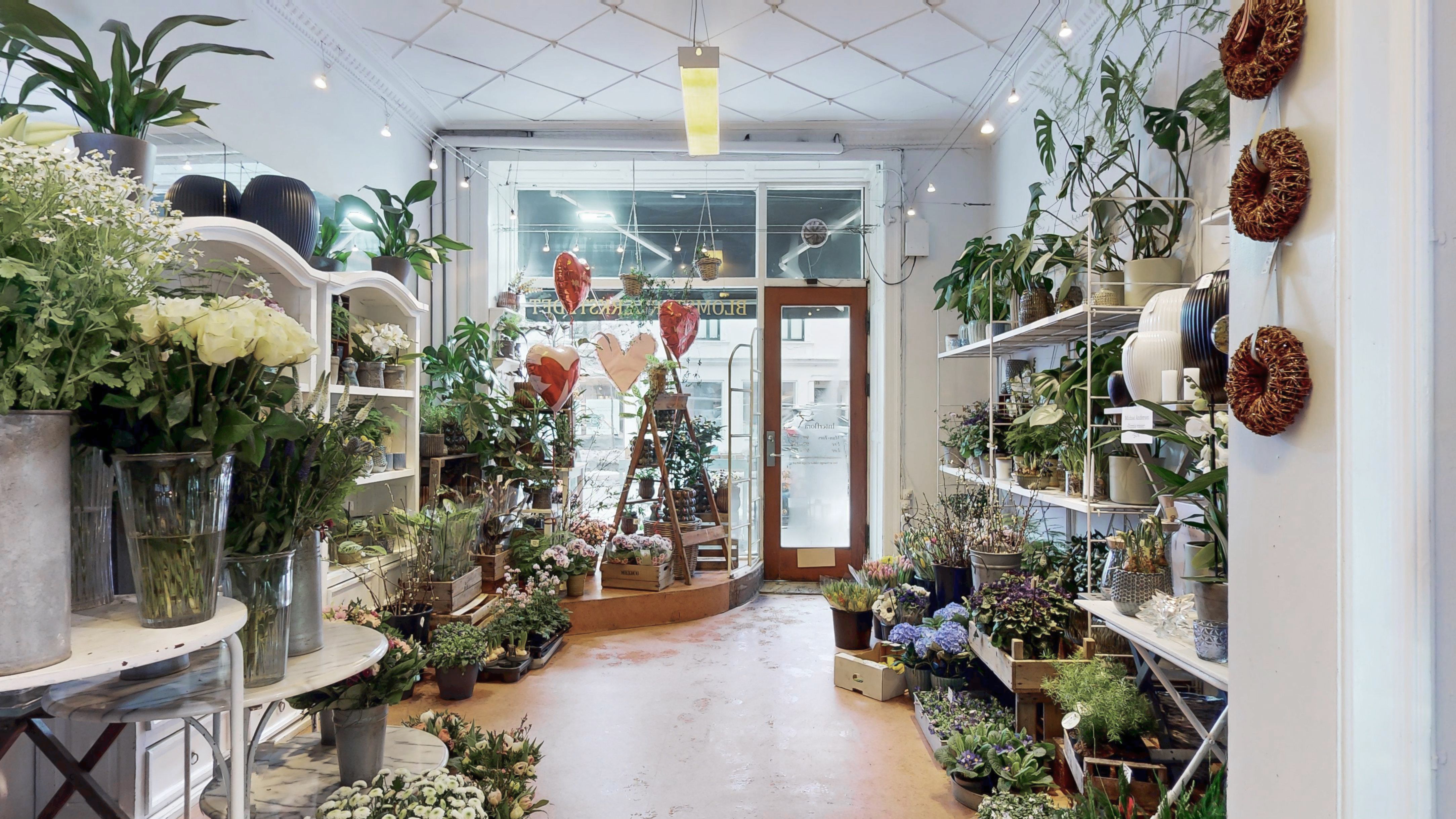 Blomsterbutik med lyse og lyserøde roser i glaskar. Butikken har høje hvide vægge og lyse loftslamper. Her er også et gult lys, der er hængt op på loftet.