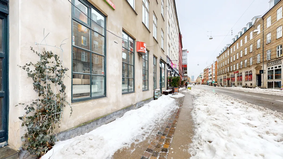 En snefyldt gågade med snedækkede fortove og vinduer på store bygninger, hvor nogle er mærkede Japan og Vesterbros. En grøn plante vokser på en bygningsvæg, og der er folk i baggrunden