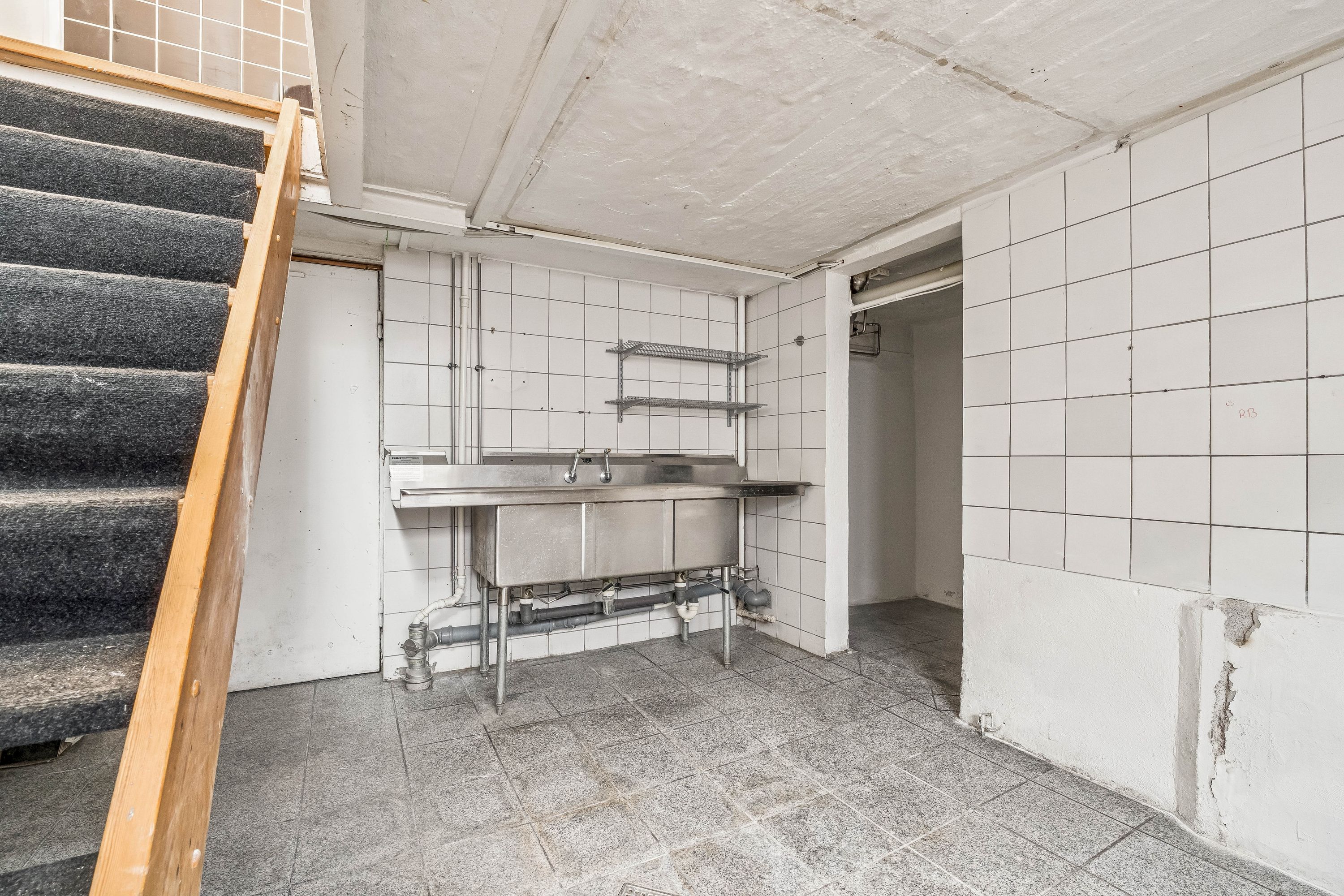 Et køkken med dobbeltvask, metalreol og trappe udenfor, gulve og vægge er snavset og skadet, og der er et hul i højre væg.