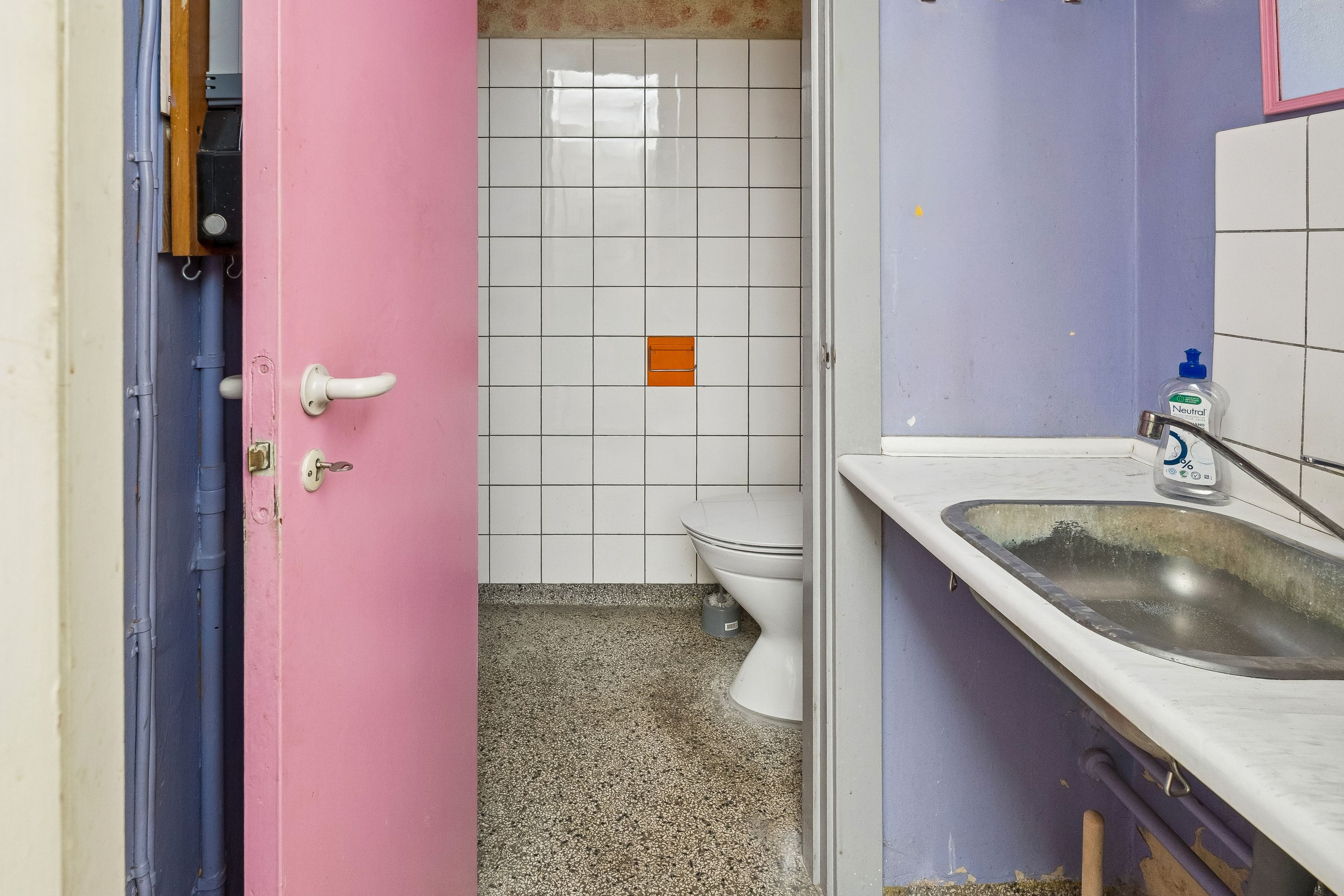 Lyserødt toiletdør og hvidt kakeløb med toilet. Højt på væggen står et vindue med en plastikflaske. På højre side er et stålvaskebord med en rusten børste.