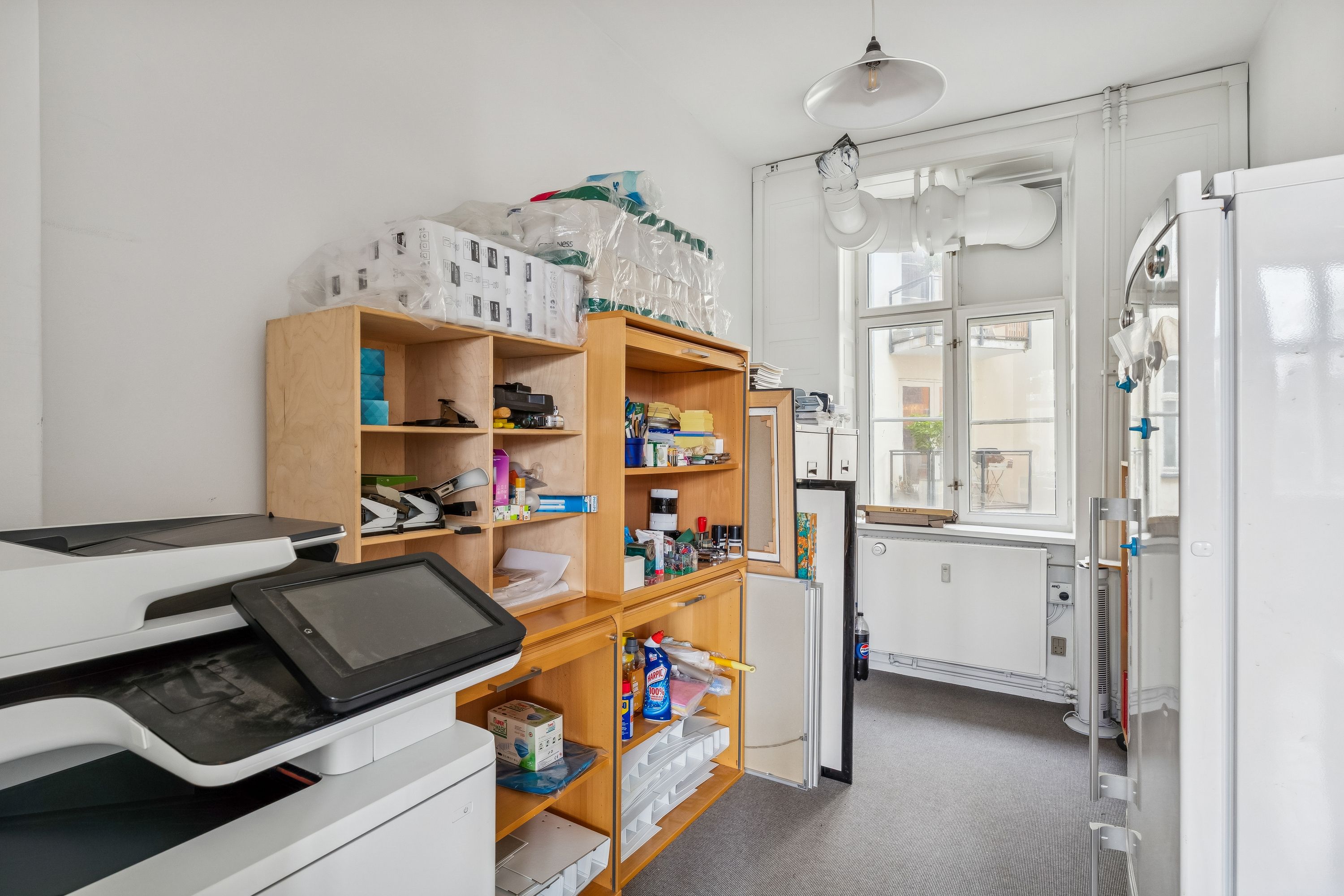 En lejet butik med en printer, et køleskab, en stor skab med papirvarer, plastposer, og diverse husholdningsartikler, en radiator og et vindue med udsigt til grønne planter og et byhus