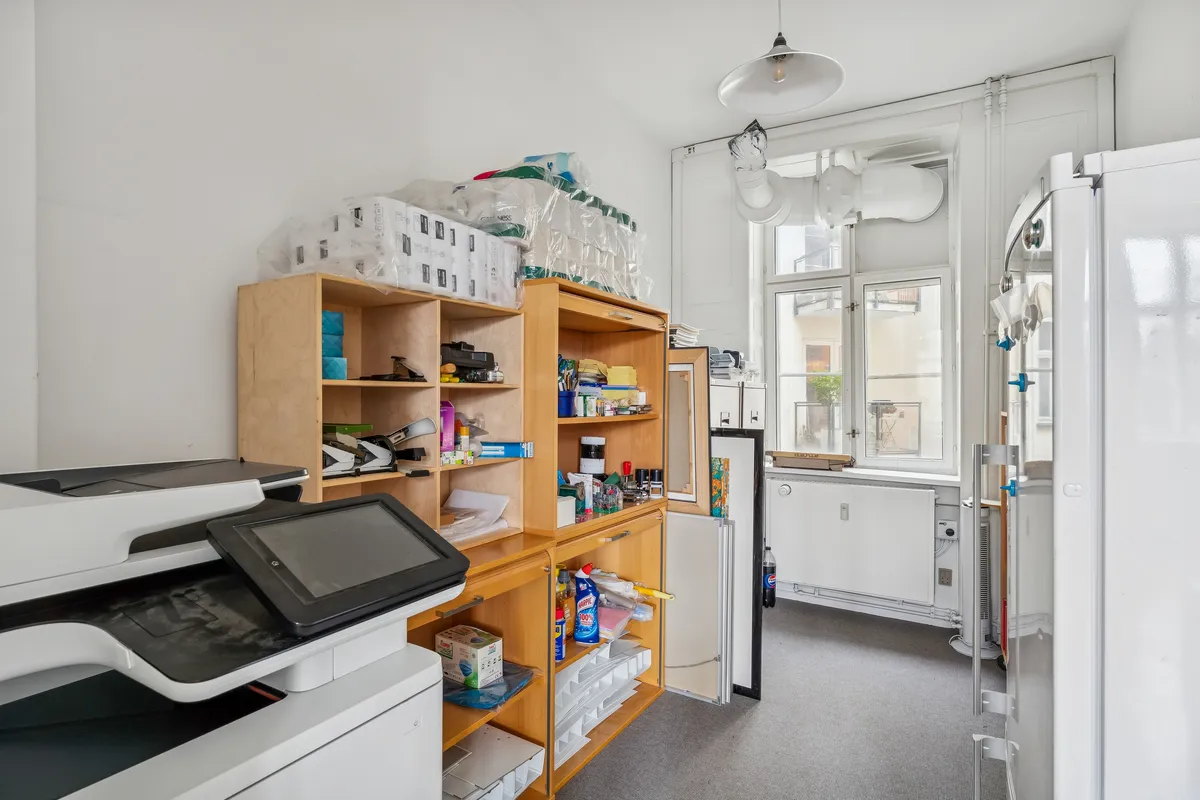 En lejet butik med en printer, et køleskab, en stor skab med papirvarer, plastposer, og diverse husholdningsartikler, en radiator og et vindue med udsigt til grønne planter og et byhus