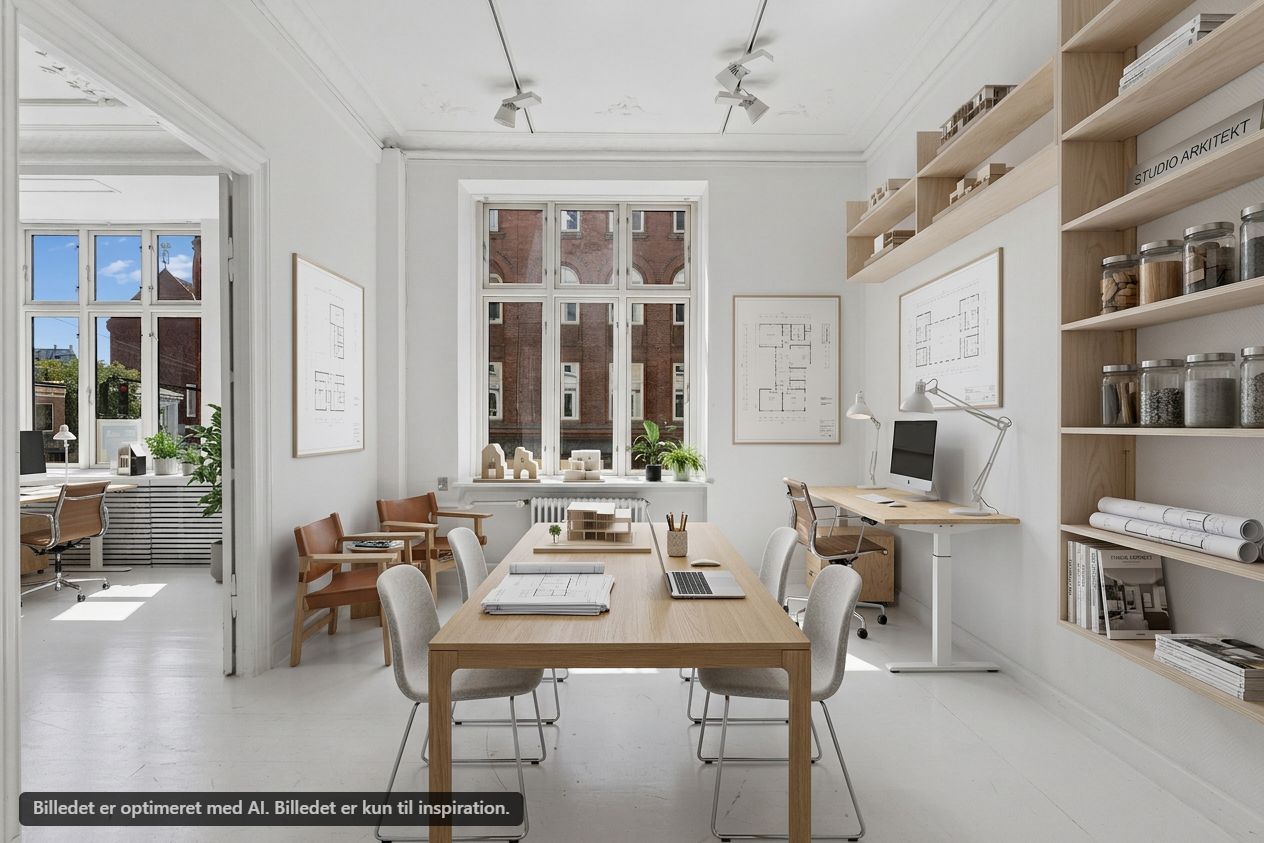 Nydelig og moderne møbleret kontor med store vinduer og masser af lys. I loftet hænger flere lysekroner. Der er flere skriveborde med moderne stole og en stor mødesal med langt borde og stole.