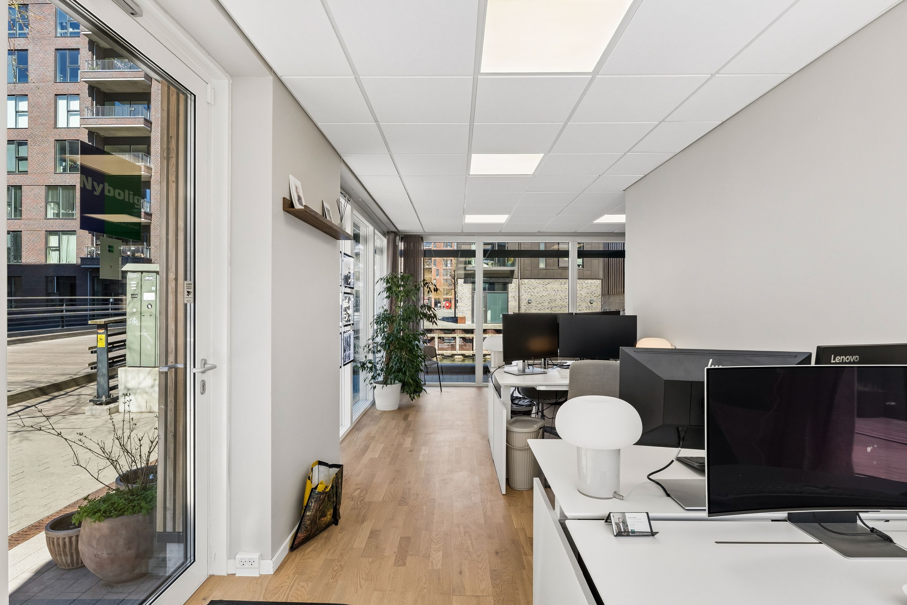 Kontor med lyse lofter og vinduer med udsigt til Nyboliga. Indeholder computere og plante i en hvid plastpotte. Der er lysegul gulvbelægning.
