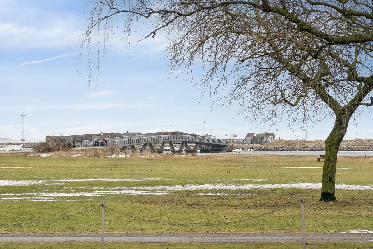 Park med græs og et lille træ står i forgrunden. Bagved ligger en slank bro over vandet. Et hus står i baggrunden, og en vindmølle er synlig langt væk.
