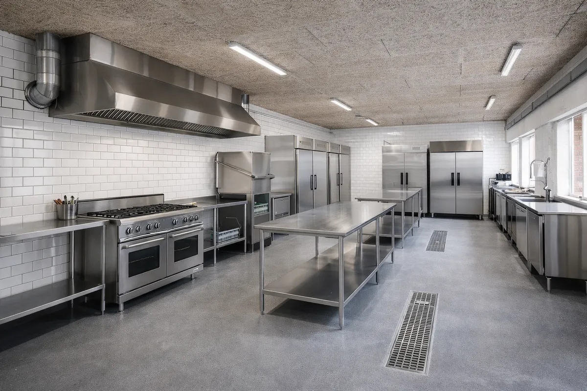 Professionel køkken med flere apparater, ovne, køleskabe og metalborde for beredskab og produktion. Moderne design med lyse gulve og hvide teglstensvægge.