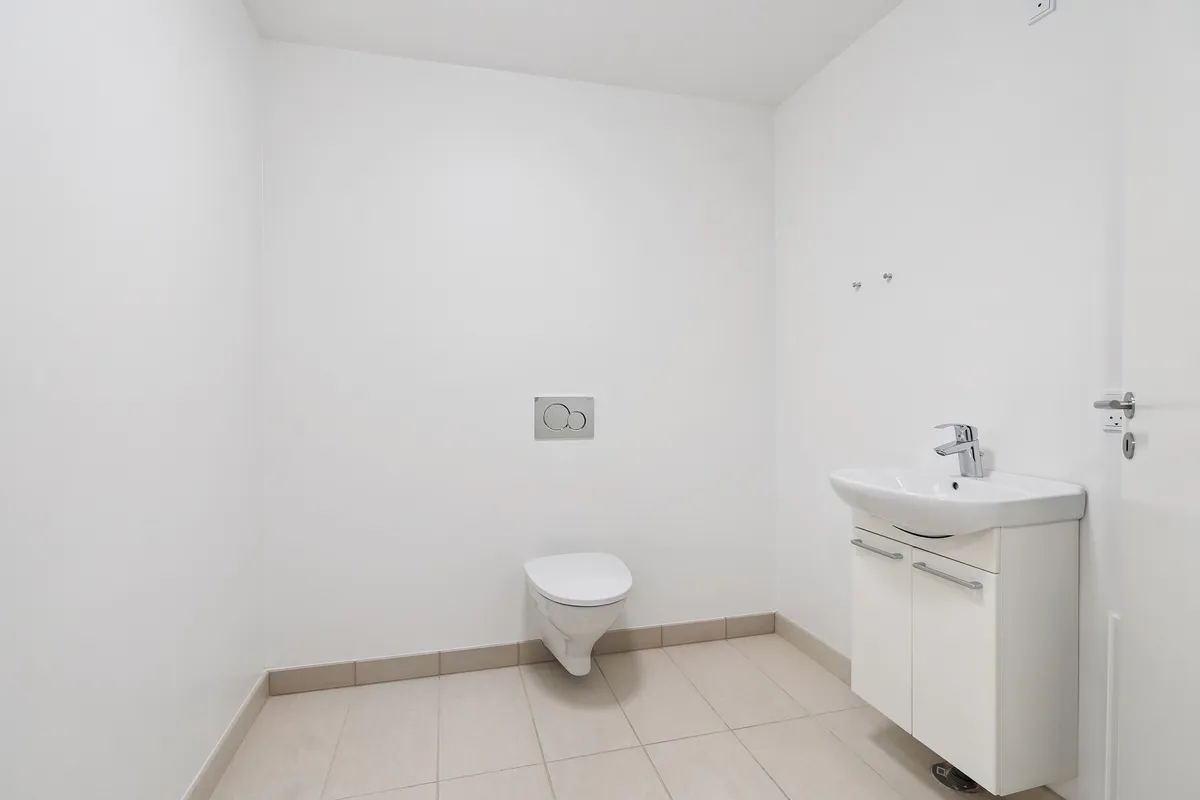 En hvid og pæn toile med toiletpapirholder og håndvask i hvidt og beige interiør med gulvtæppe