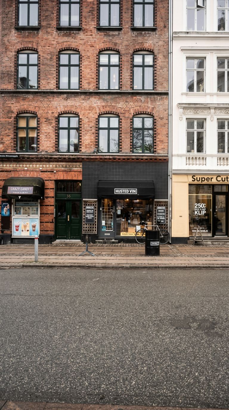 En tom gade med lagerbygninger og vinduer. En af bygningerne har en skilt med "Husted Vin" og en skulptur af en kvinde med is.