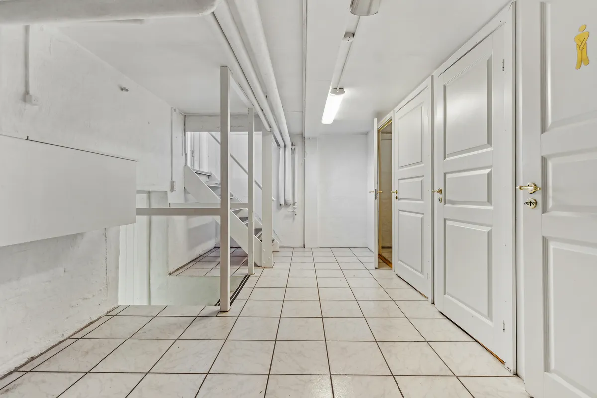 Hvid marmor gulv og vægge i lejlighedsindgang. To hvide døre med guldbeslag. Rør og kabelrør løber langs loftet. Støbejernsgesims og trappe foran. Mærke på væggen med mandssymbol