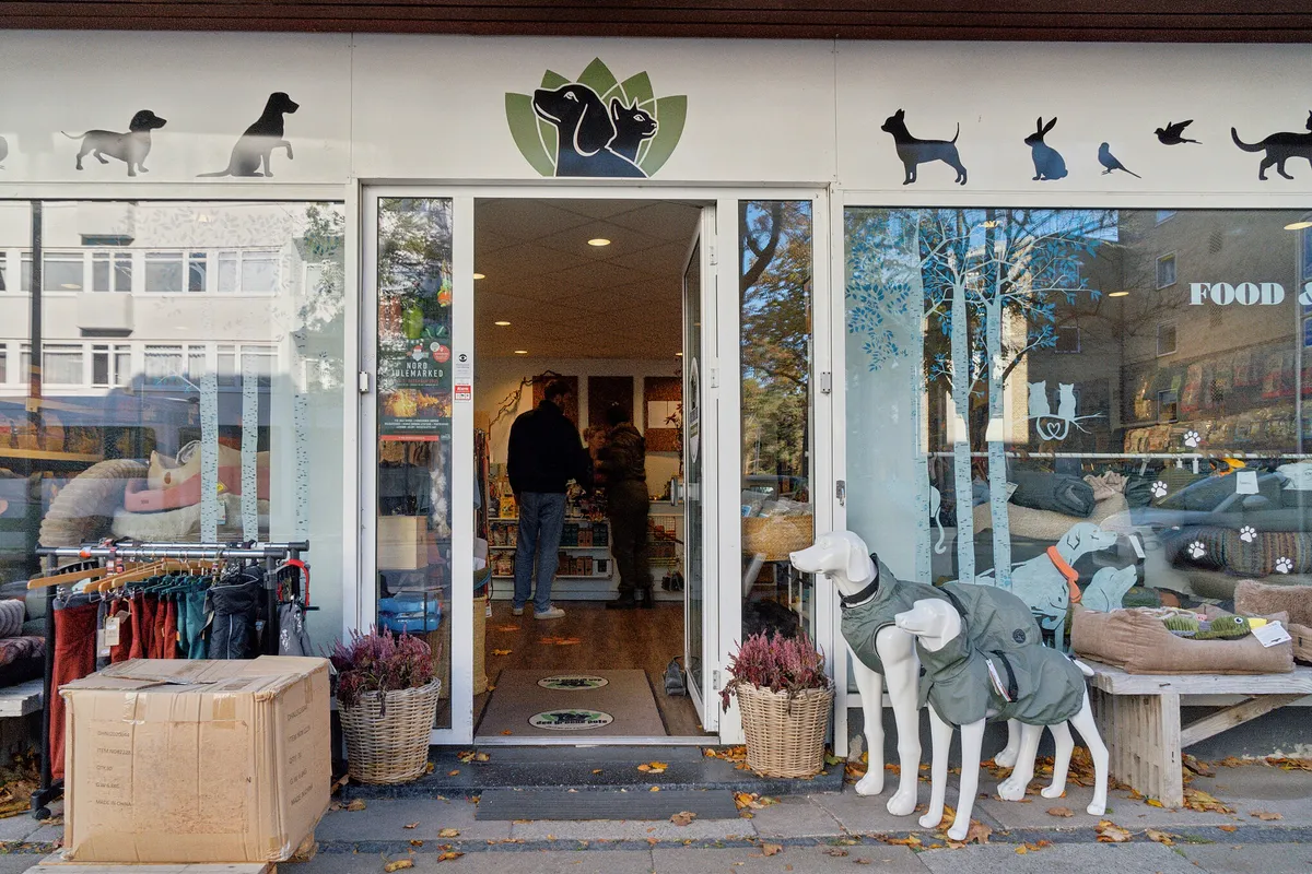 Hundebutik med facaden udsmykket med hunde og katte klistermærker. To hunde i jakkestørrelse står foran indgangen. Butikken indeholder en stor sort kasse og et træbænk med kufferter.