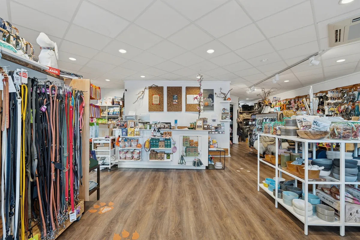 Indvendigt er butikken indrettet med trægulve og høje lofter med runde loftsbelysning. Butikken har to store hylder med legetøj og hundetilbehør, og et skrivebord er placeret i midten