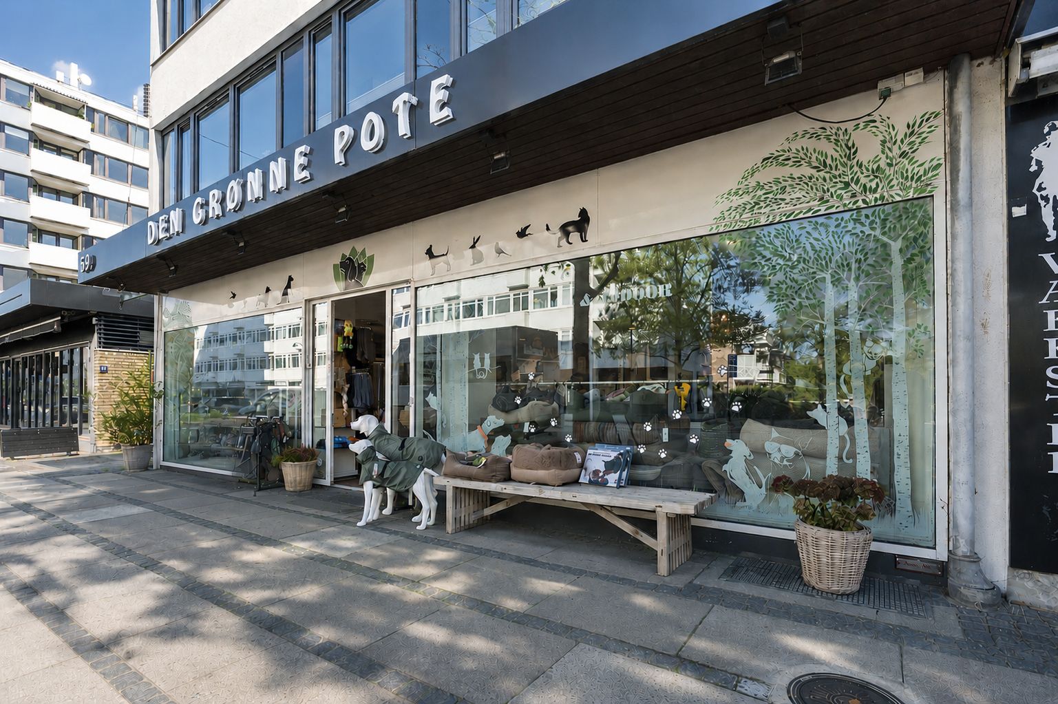 Hundebutik Den Grønne Pote med udvendige skilte og udsmykning med hunde og planter. Hundefigurer i butiksvinduet og en træbank udenfor.
