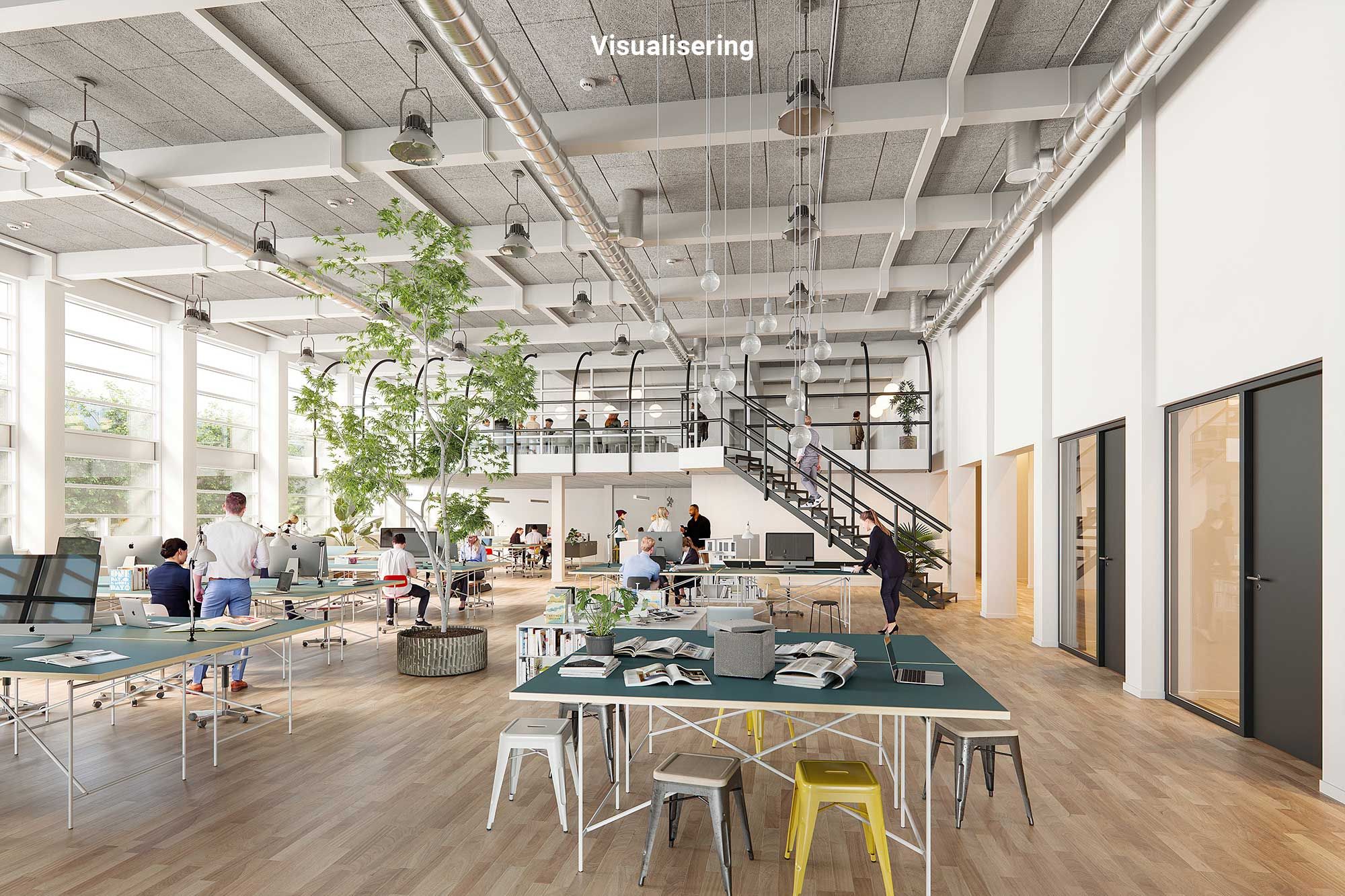 Kreativt kontor med højt til loftet og fælles personalerestaurant og café. Skabt for kreativ aktivitet eller en tech-virksomhed.