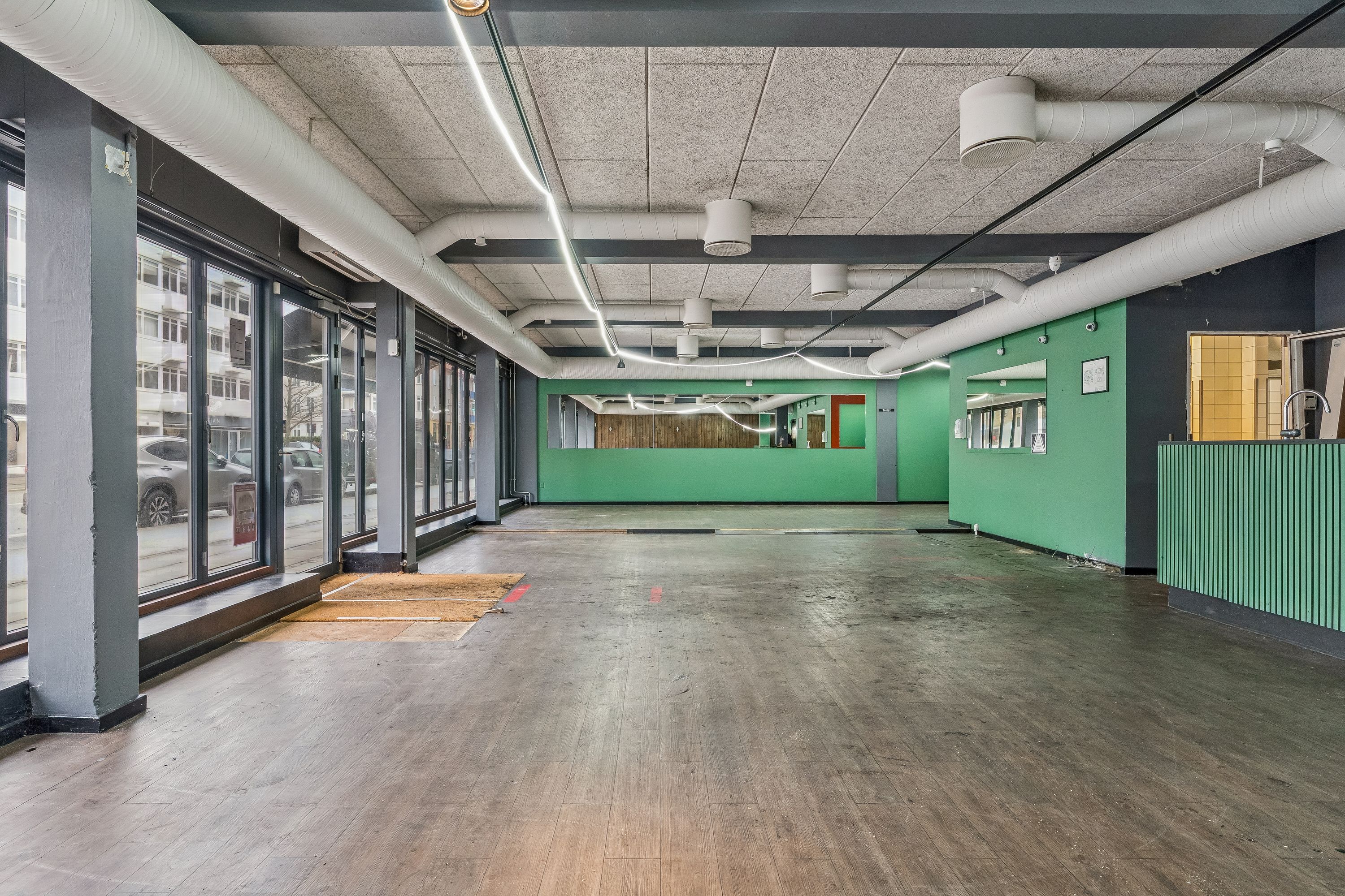 Tom lejlighed med store vinduer og grønne vægge. Højloftede lokaler med trægulve og hvide rør. Stykke gulvtæppe ved vinduet.