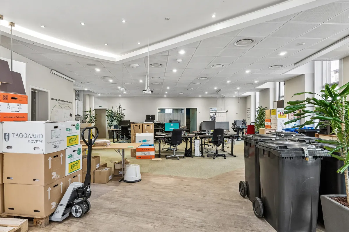 Lejlighed med skraldcontainere og flere kasser og møbler. En stang med lysekroner og plante samt en højtalerudstyr og computere i baggrunden.