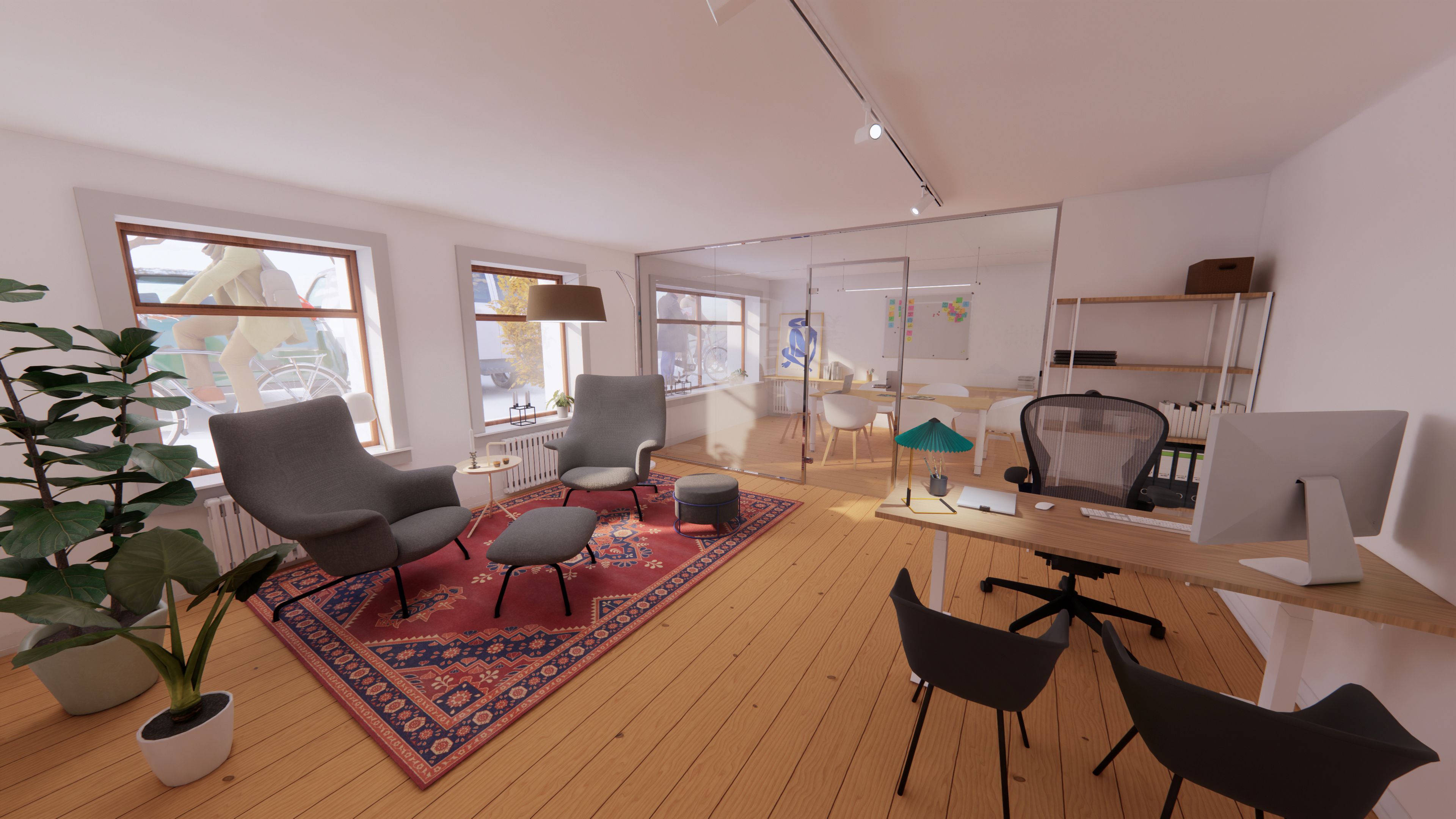 Kontor med stol, sofa, skrivebord, plante og et billede på væggen. Lys er monteret på loftet. Vindue med glas og gardiner.