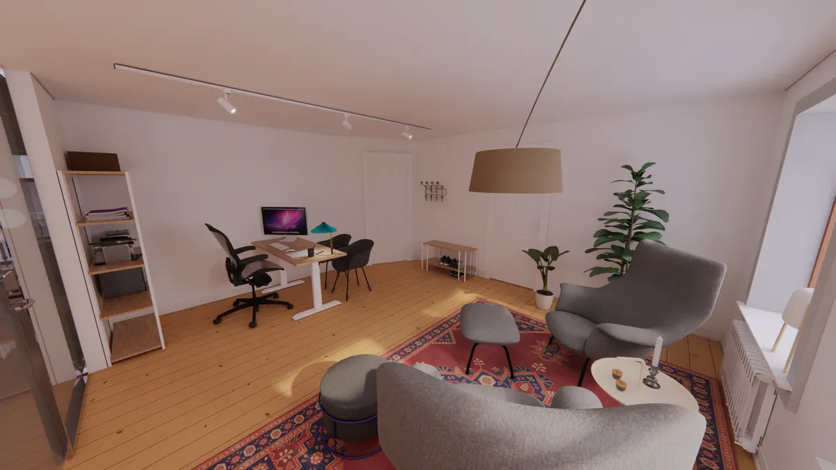 Kontorlokaler med højt loft og lyse gulve, skrivebord, stol, lampe og plante. Moderne og funktionelt kontorfællesskab med eksklusiv designindretning.