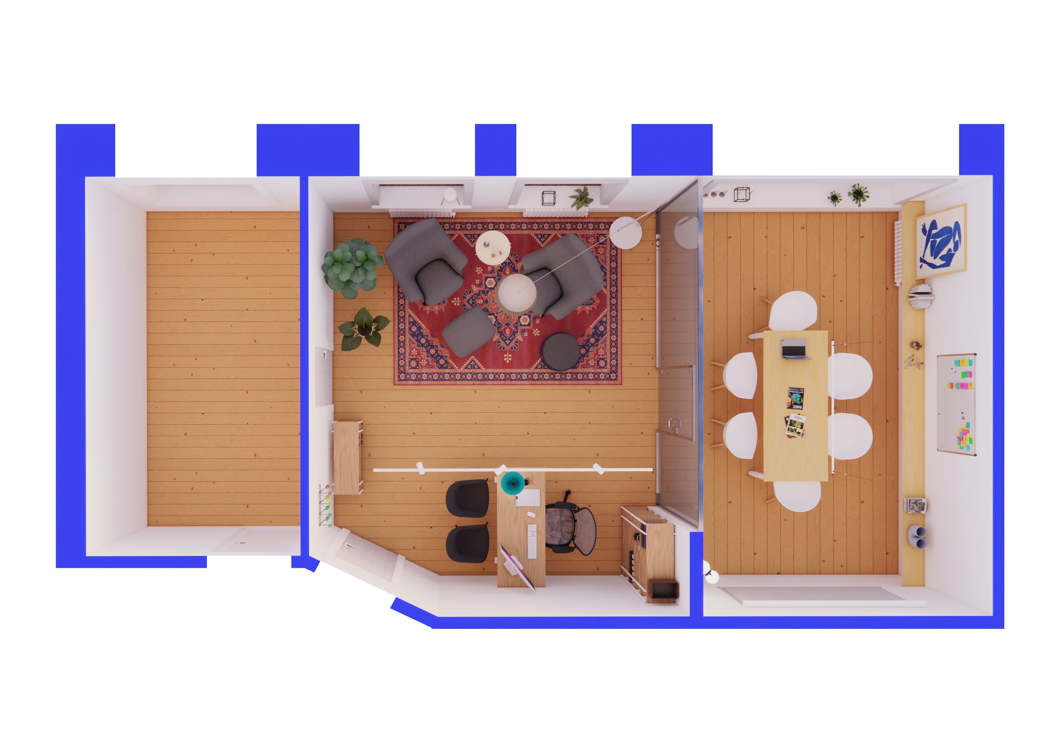 Moderne og komfortabelt kontor med højloft og åbent arbejdsområde. Højkvalitets møbler og design. Funktionelt skrivebord med to stole. Gode kommunikationsforhold.