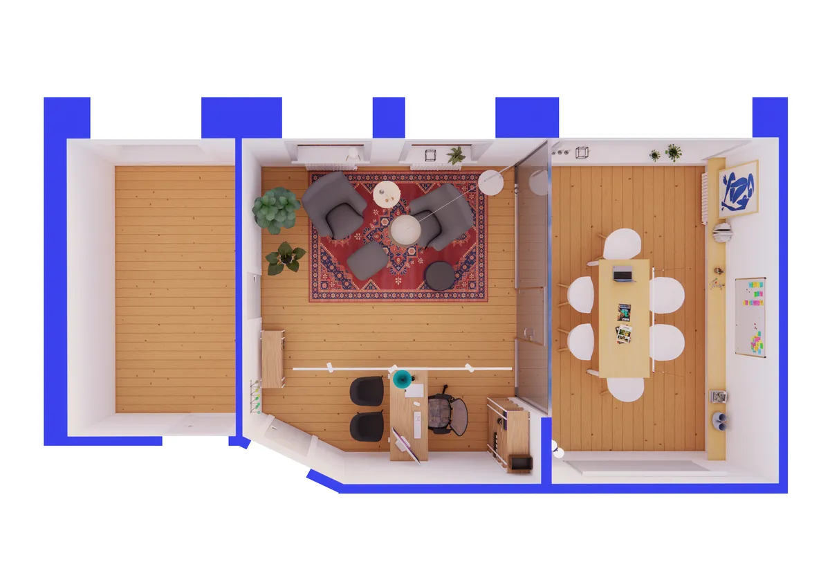 Moderne og komfortabelt kontor med højloft og åbent arbejdsområde. Højkvalitets møbler og design. Funktionelt skrivebord med to stole. Gode kommunikationsforhold.