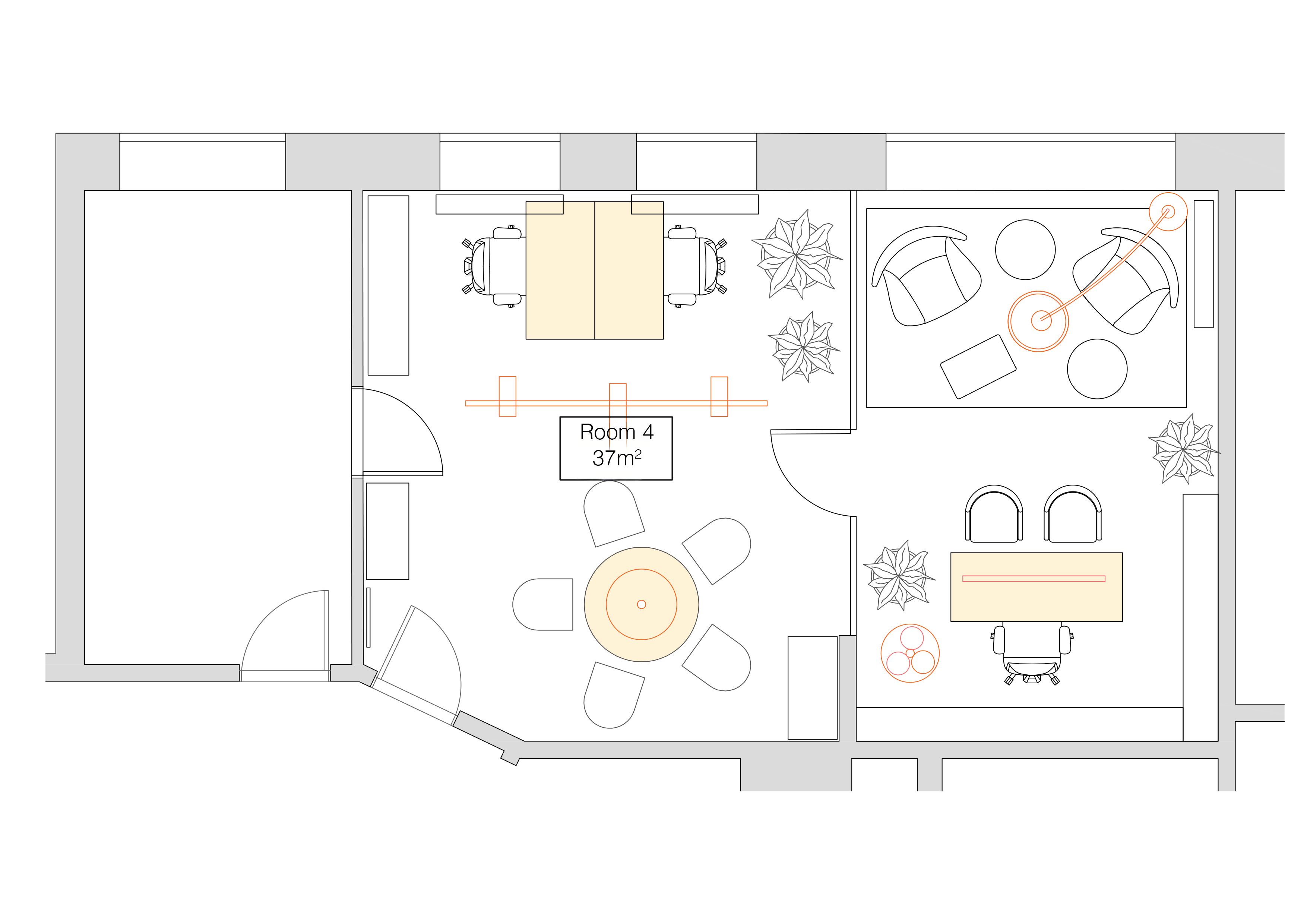 Kontorplan med fire kontorer med møbler og tre cirkelformede områder med 37 kvm. Tre kontorer er på hjørner og et er i midten