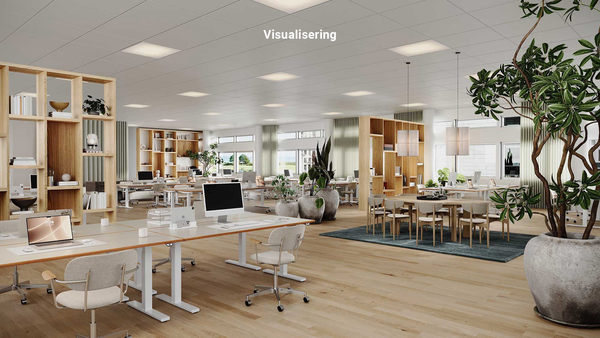 En moderne arbejdsplads med høje lofter og store vinduer med udsigt til grønne planter og udsigt til havet i baggrunden