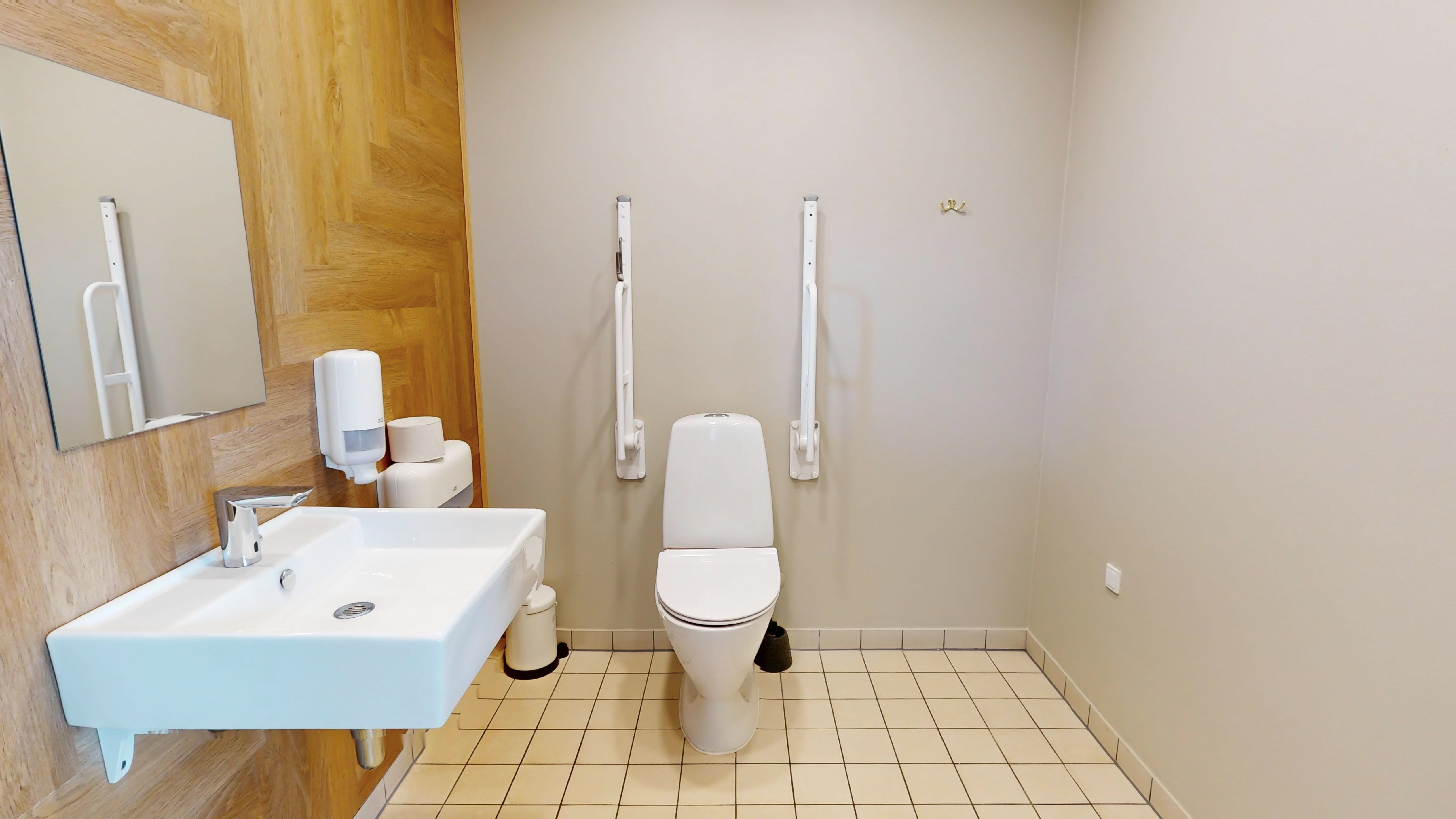Hvidt toilet med håndtaget i toilettet og håndvask med vandhaner i hvidt badeværelse med håndstrygere og hånddesinfektionsmiddel ved siden af spejl