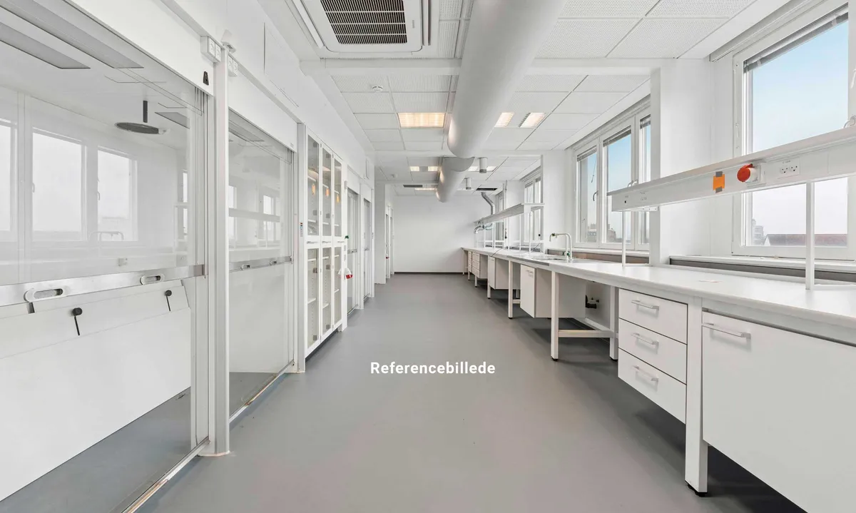 Lyst laboratorium med glasvægge og hvide arbejdsborde. Værelse med lyse gulve og moderne klimaanlæg. Vindue med solskærm og elektriske stik.