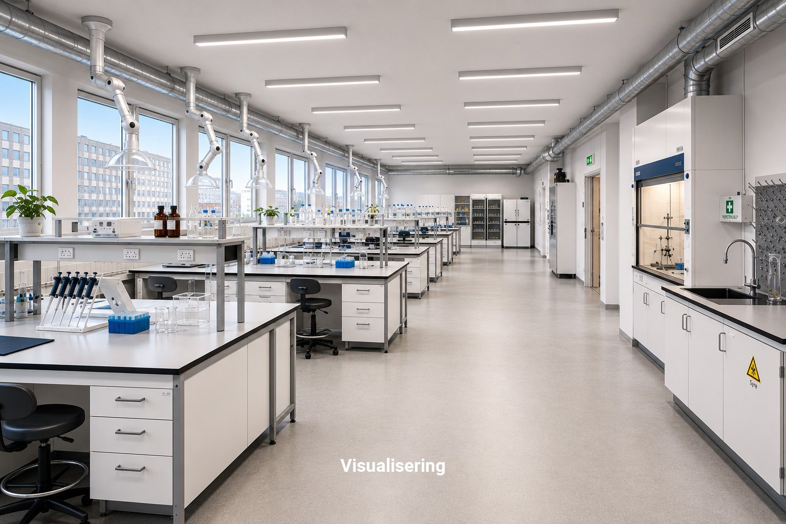 Et stort, moderne laboratorium med lyse hvide vægge, gulv og møbler, flere skriveborde og stole, udstyr og apparater samt et nyt klimaanlæg