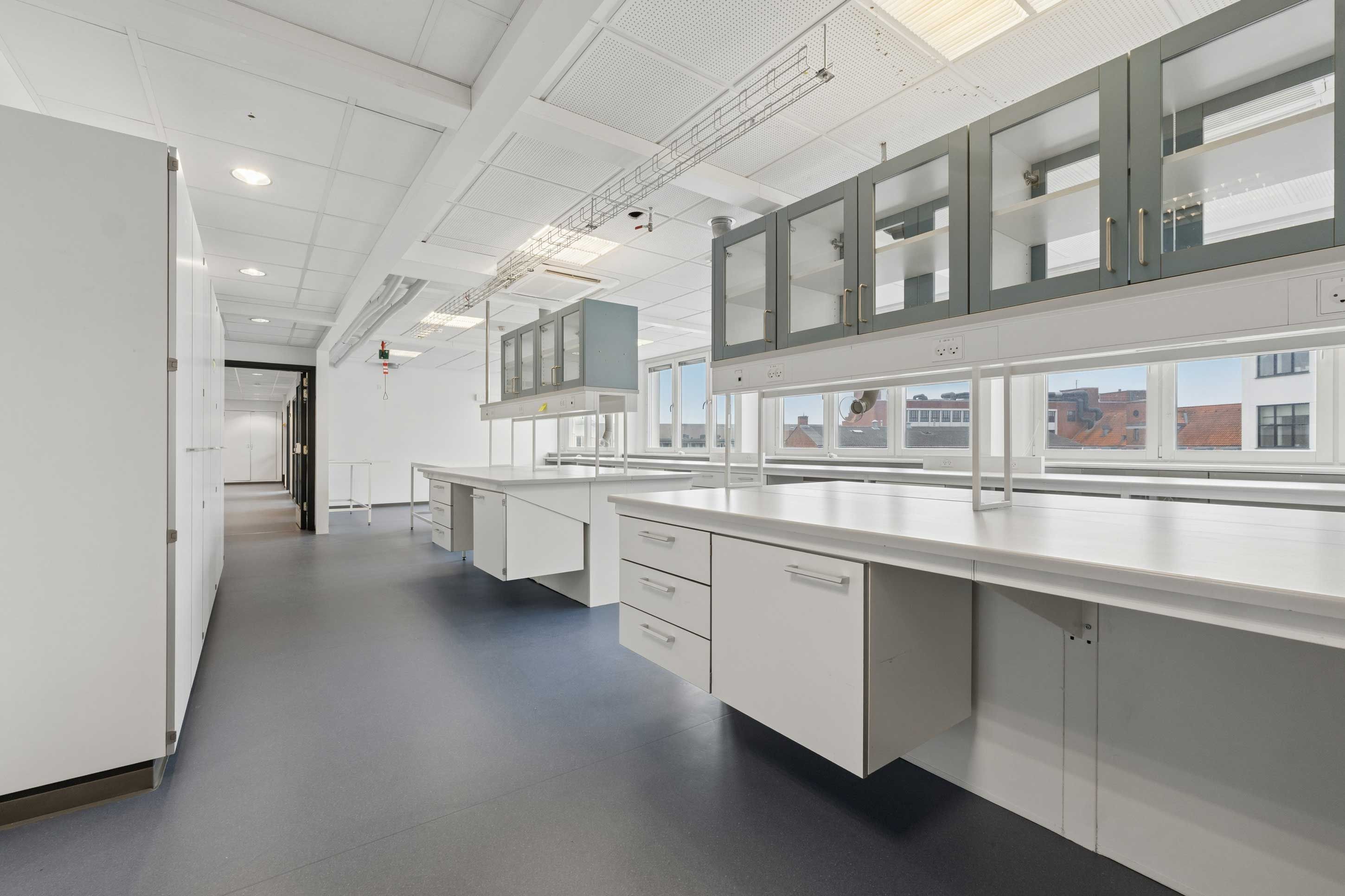 Moderne laboratorierum med lyse lofter og store vinduer. Hvide kabinetter med glasdøre og to arbejdsborde med flere skuffer. Væggene og gulvet er lavet af lyse materialer.