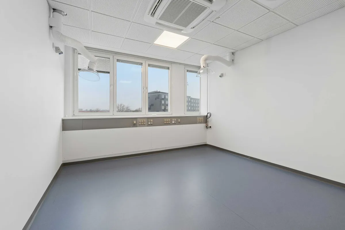 Lyst og moderne laboratorium med kontor, store vinduer, lyse loftsbrædder og lysegule gulve. Moderne belysning og industristil.